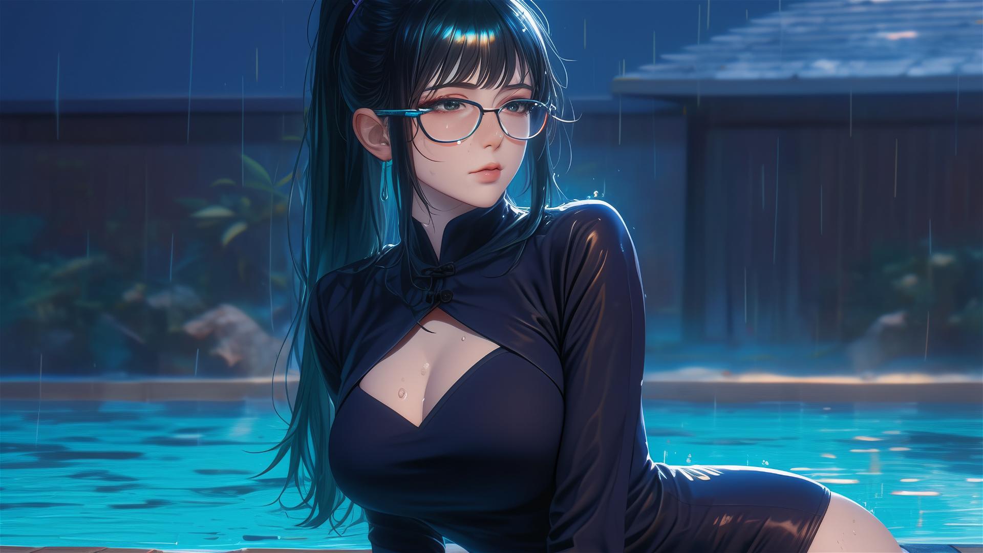 Maki Zenin from Jujutsu Kaisen resting by the pool under moonlight in the rain with glasses