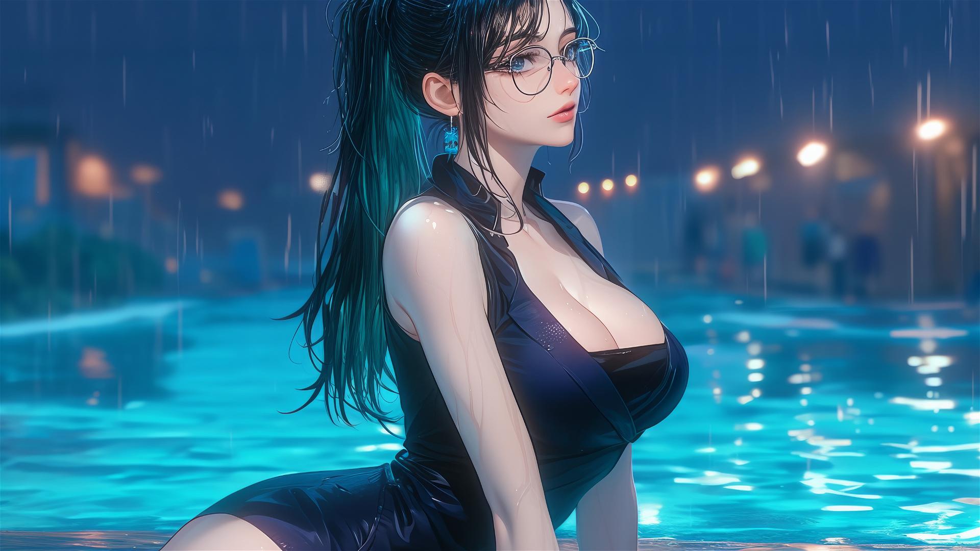 Maki Zenin from Jujutsu Kaisen resting by pool under moonlight, rainy ambiance, wearing glasses