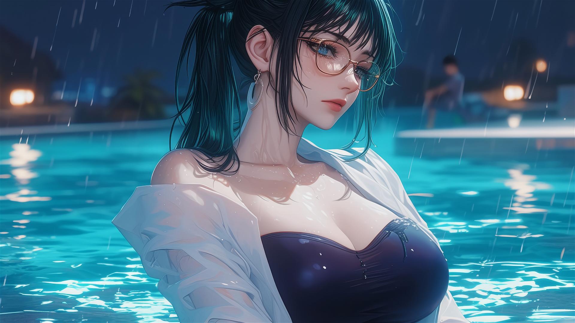 Maki Zenin from Jujutsu Kaisen resting by a pool under moonlight in rain with glasses.