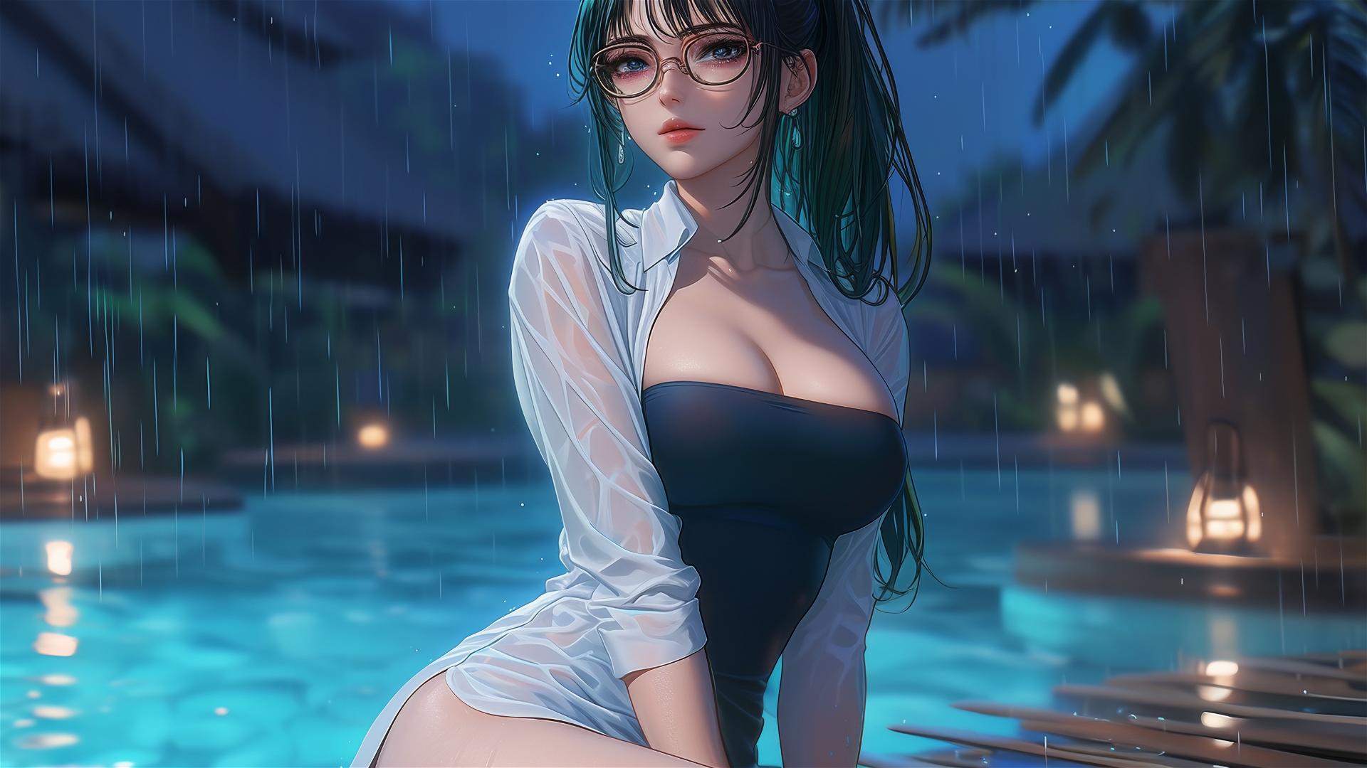 Maki Zenin from Jujutsu Kaisen resting by a pool, moonlit and rainy, wearing glasses
