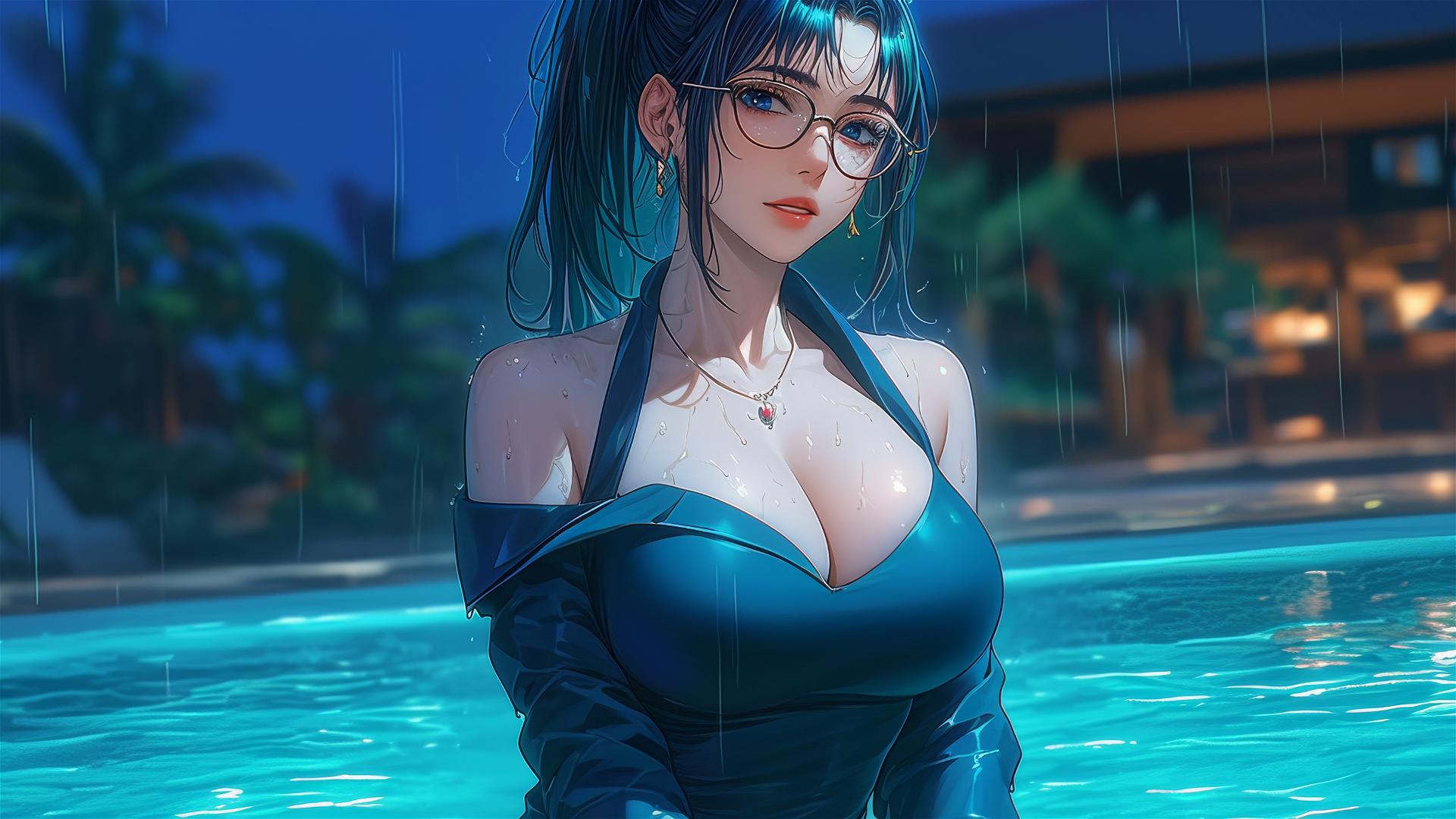 Maki Zenin resting by pool, moonlit, rainy night, wearing glasses