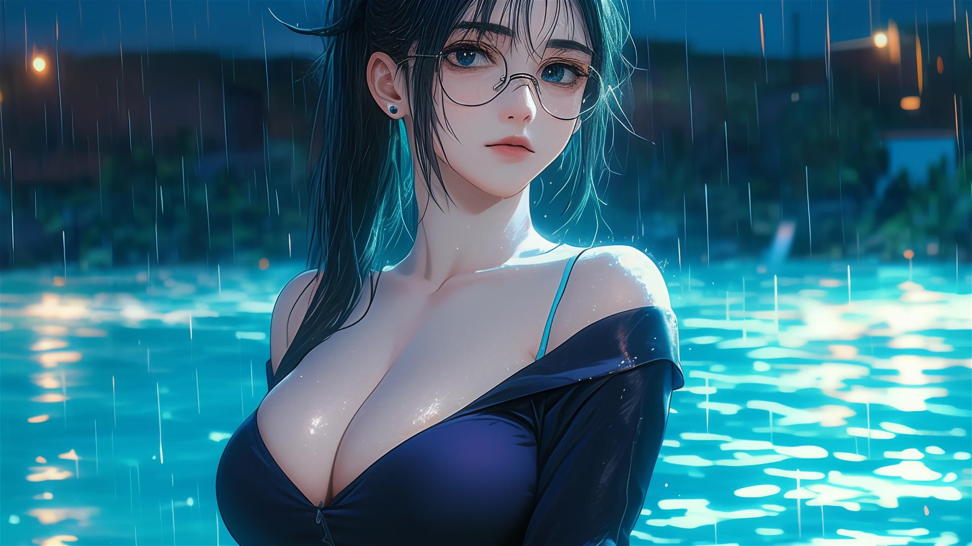 Maki Zenin from Jujutsu Kaisen resting by the pool under moonlight, rainy scene with glasses