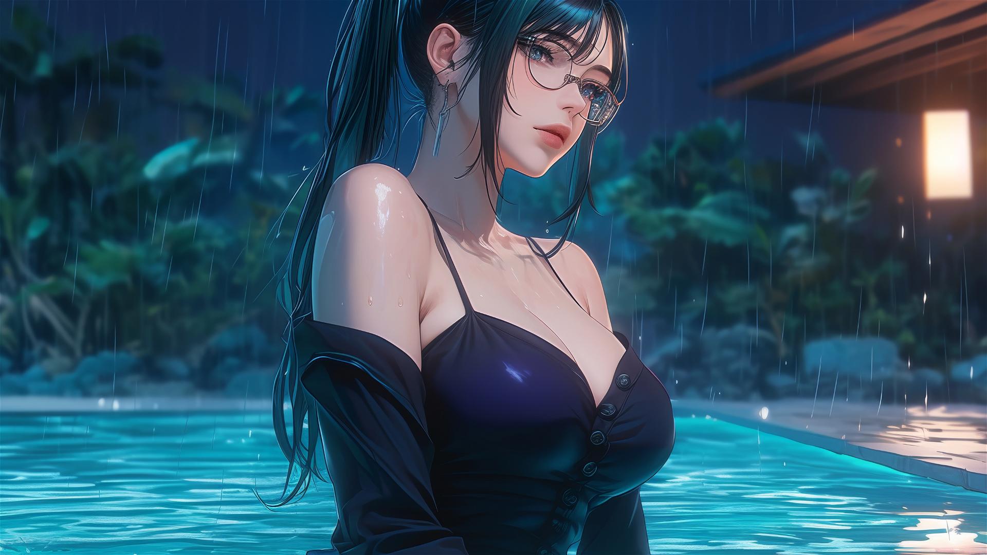 Maki Zenin from Jujutsu Kaisen resting by pool under moonlight with rain, wearing glasses