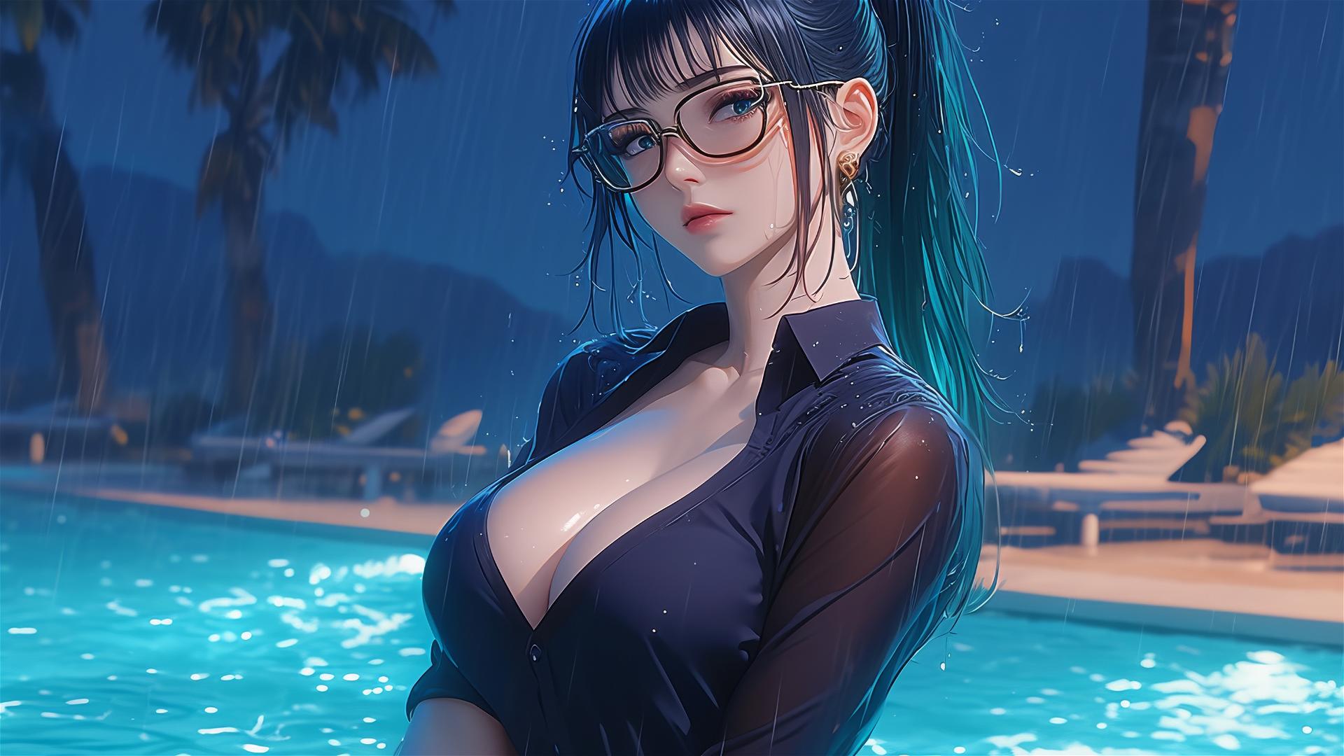 Maki Zenin from Jujutsu Kaisen resting by a pool under moonlight on a rainy night, wearing glasses