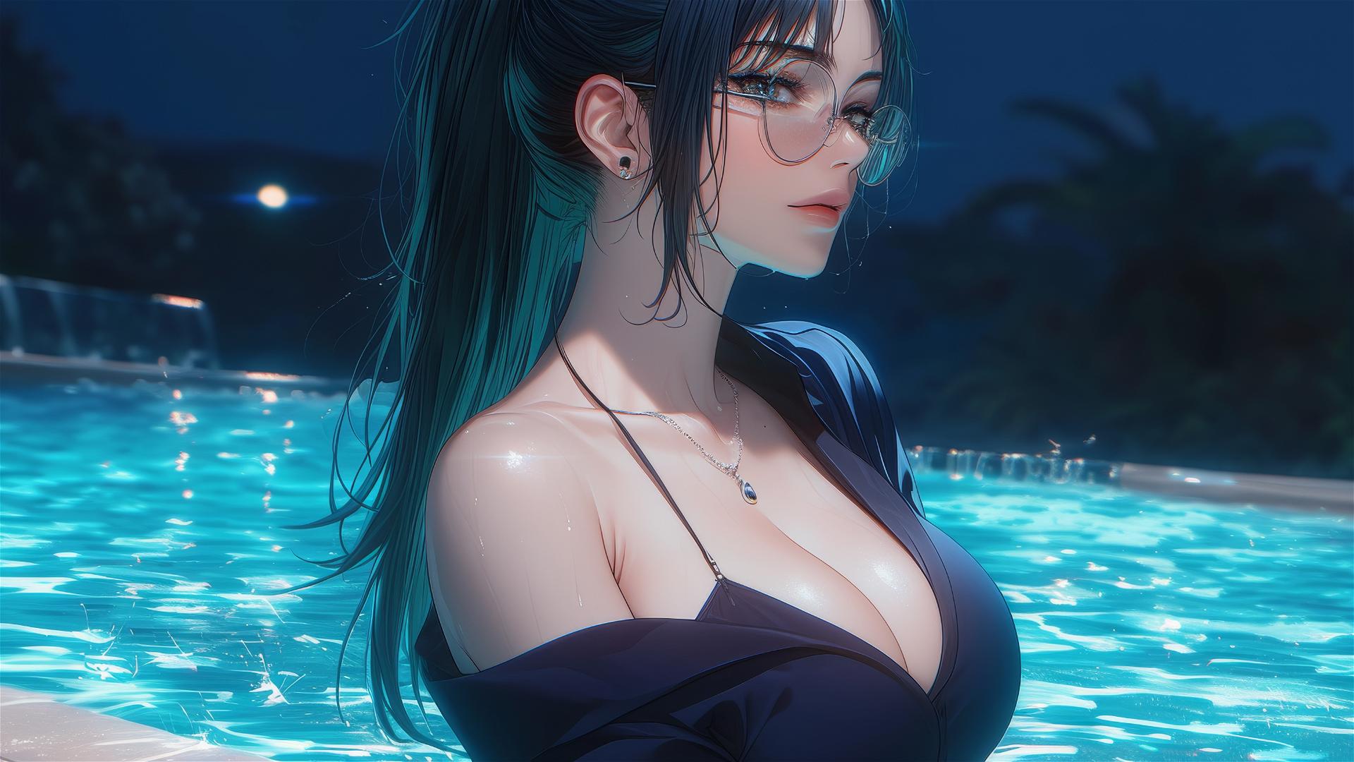 Maki Zenin from Jujutsu Kaisen resting by pool under moonlight in rain, wearing glasses