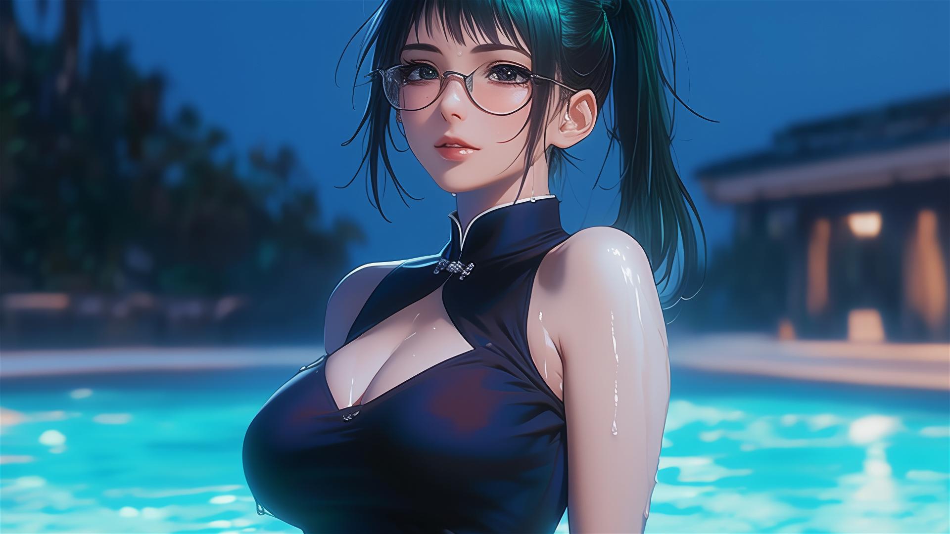 Maki Zenin from Jujutsu Kaisen resting by pool, moonlit glow on her, rainy with glasses