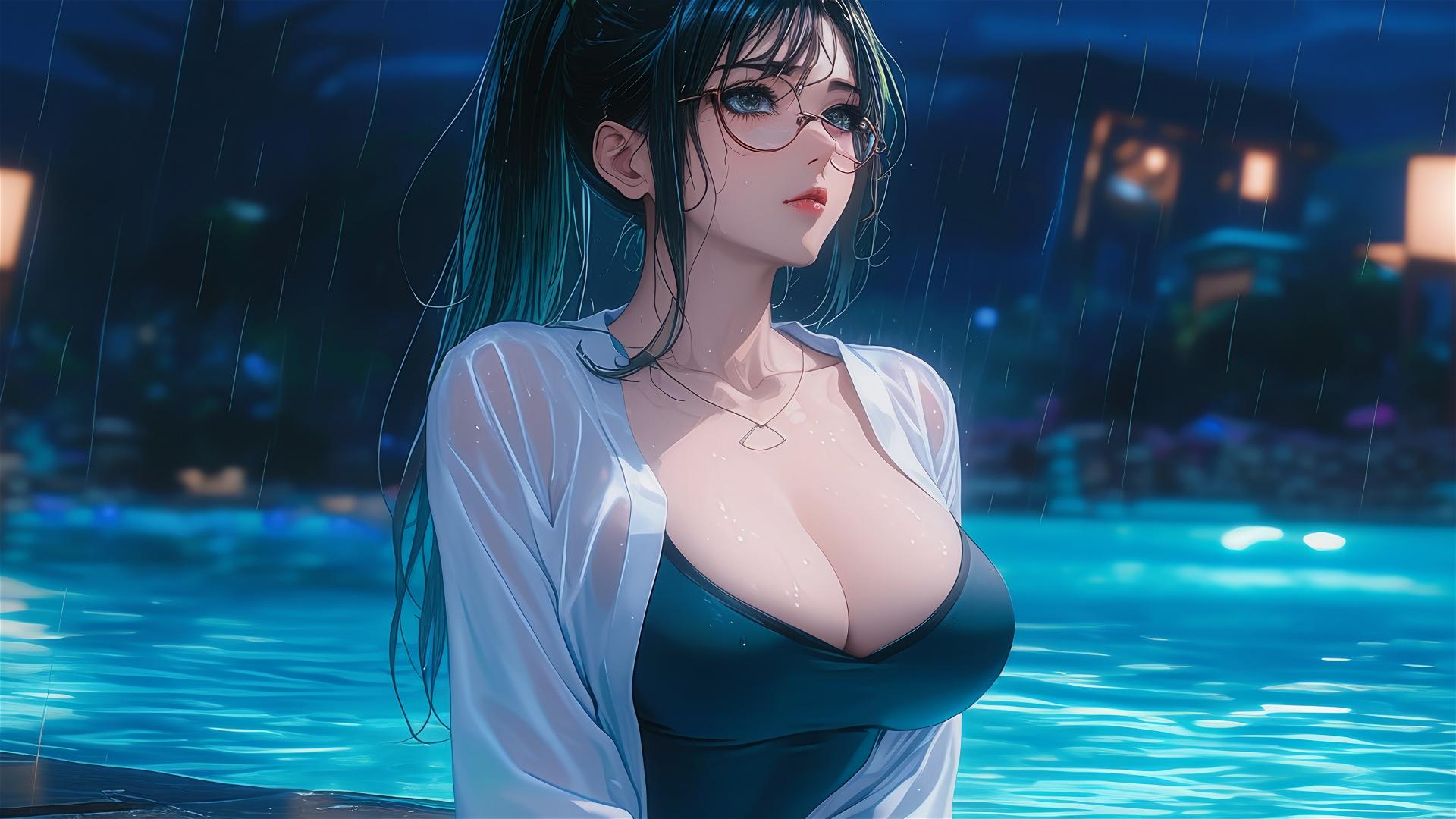 Maki Zenin from Jujutsu Kaisen, resting by pool under moonlight, rainy night, wearing glasses