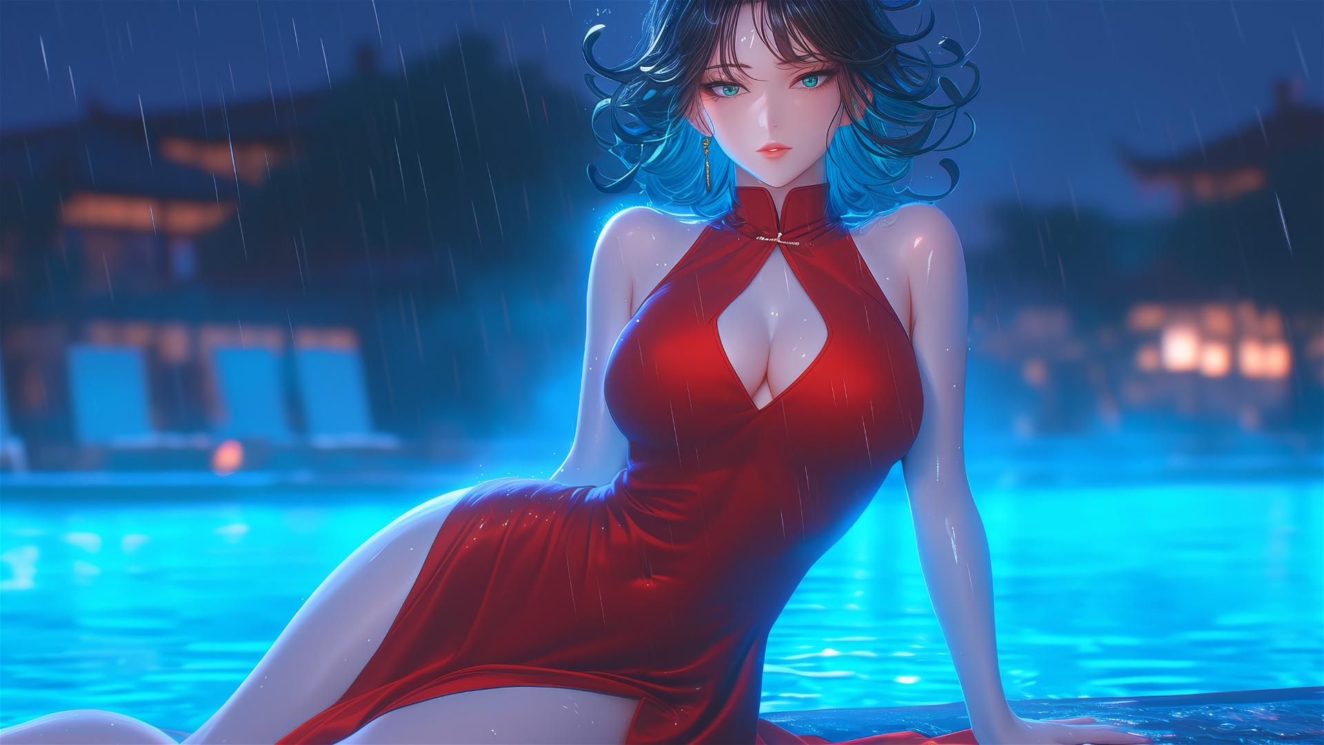 Tatsumaki from One-Punch Man resting by a pool under moonlight in a red dress with rain falling