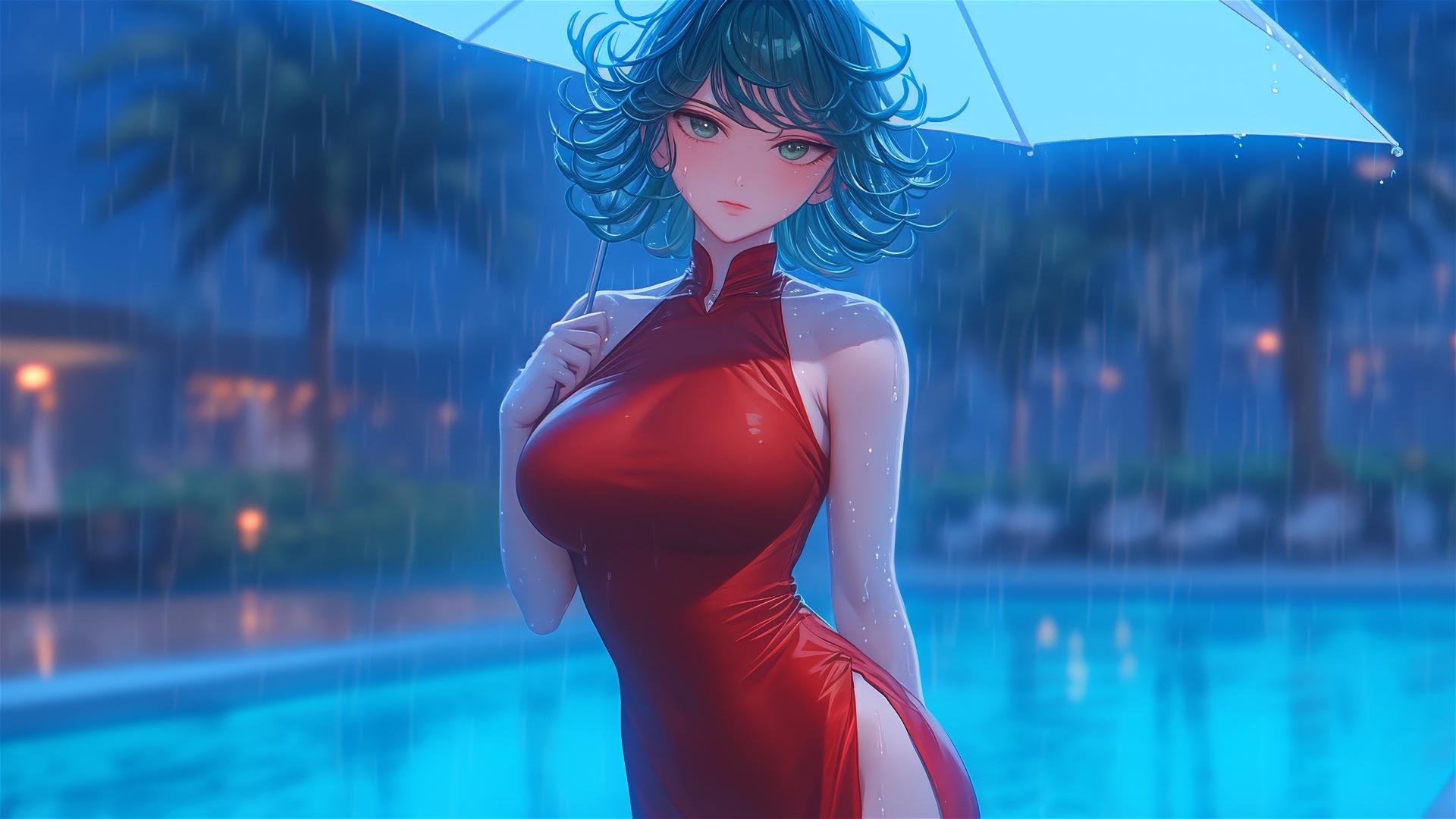 Tatsumaki from One-Punch Man resting by a pool under moonlight in a rainy setting