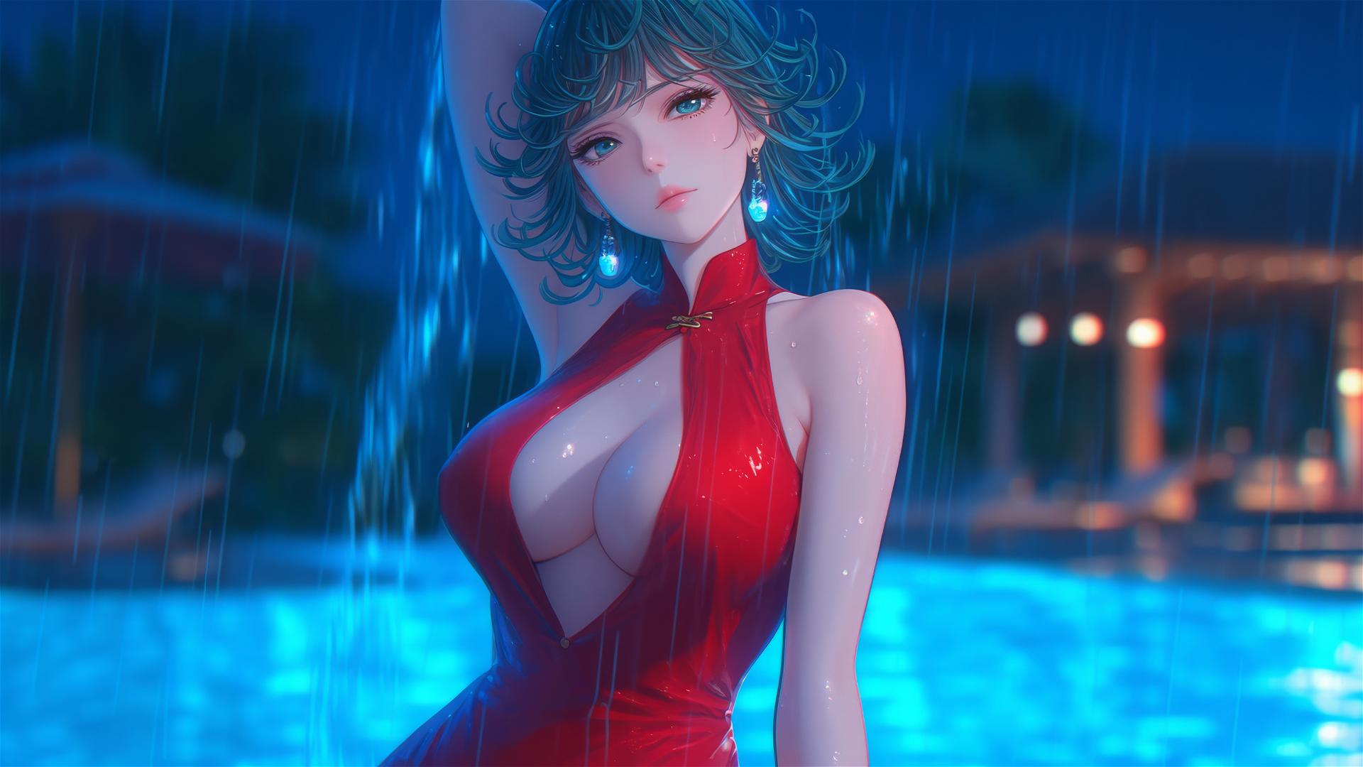 Tatsumaki in red dress resting by pool under moonlit rainy night