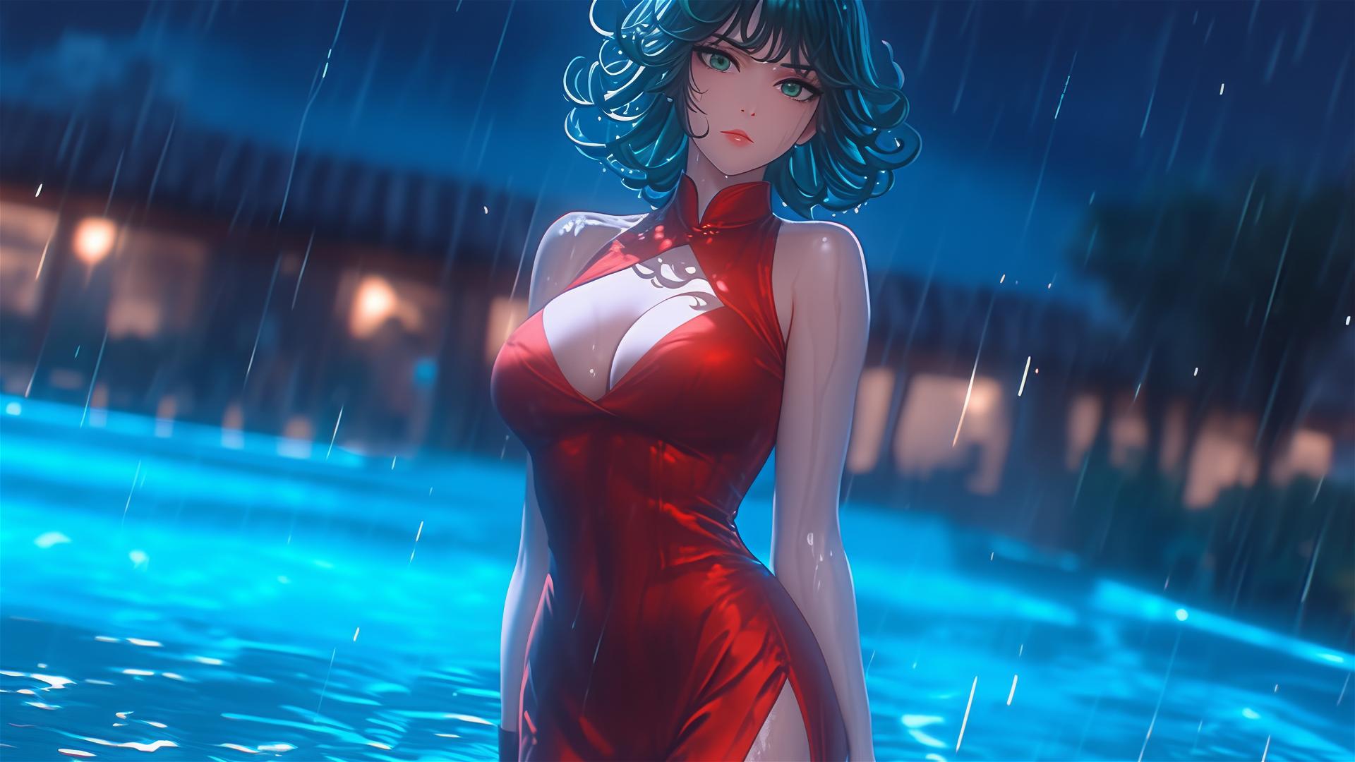 Tatsumaki in pool under moonlight, rainy scene, red dress