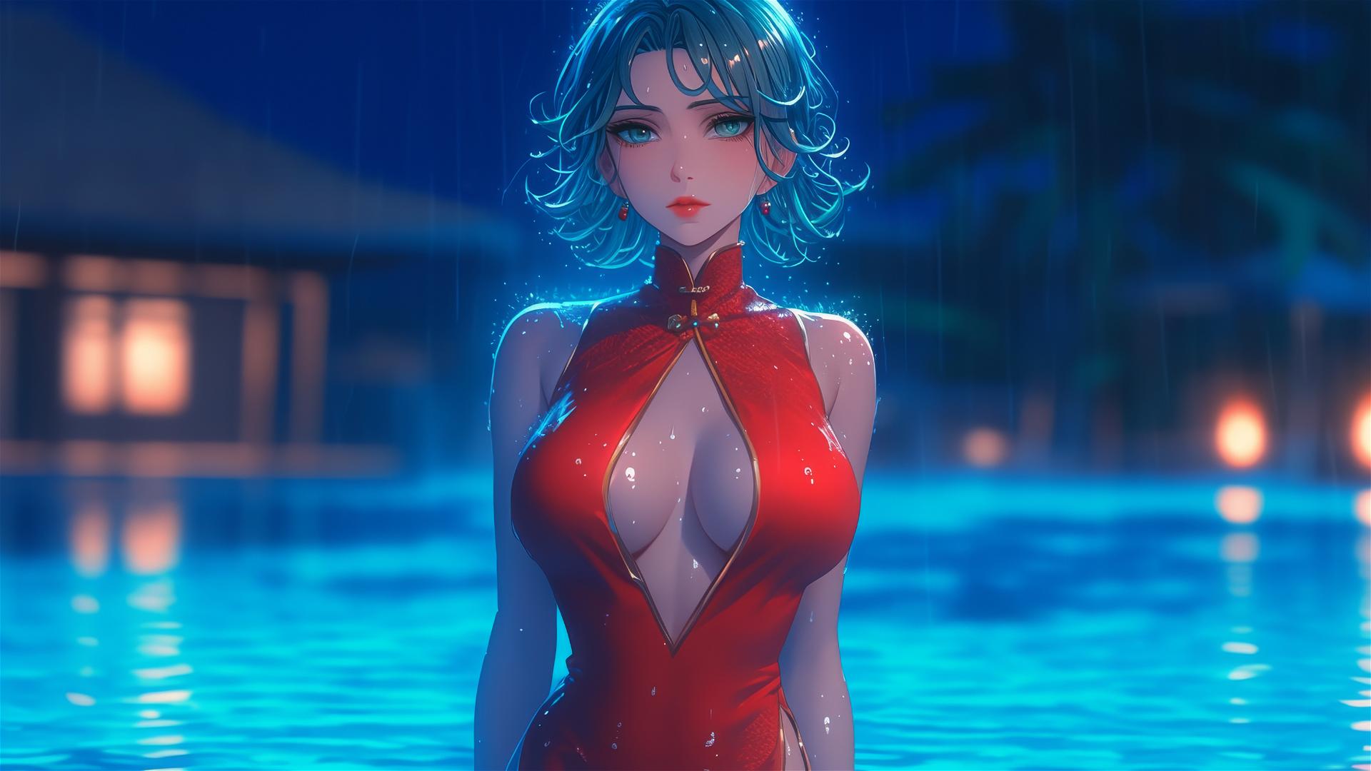 Tatsumaki from One-Punch Man in pool under moonlight, rainy, red dress
