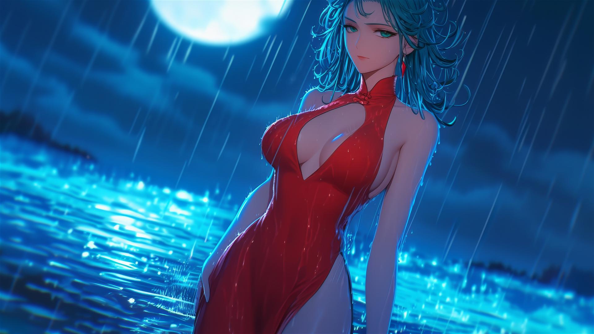 Tatsumaki from One-Punch Man standing in a pool with moonlight and rain, in a red dress