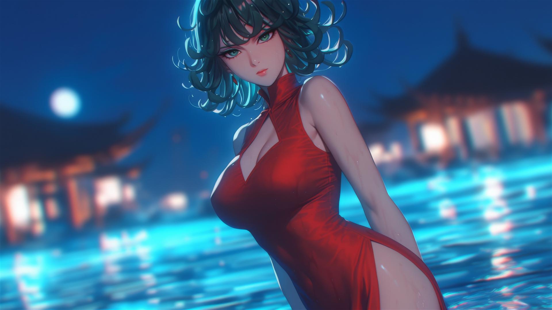 Tatsumaki in red dress standing in a pool under moonlight, rainy ambiance