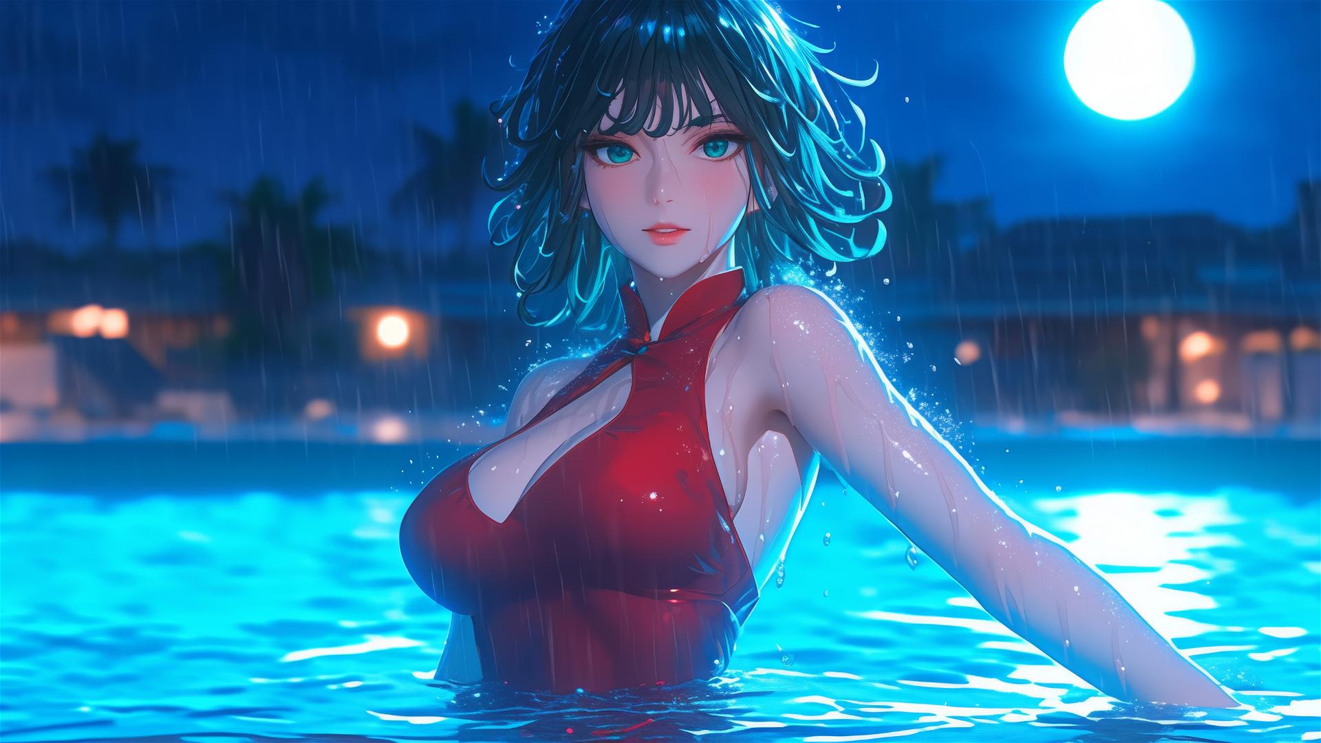 Tatsumaki from One-Punch Man standing in a pool, moonlit rain, red dress