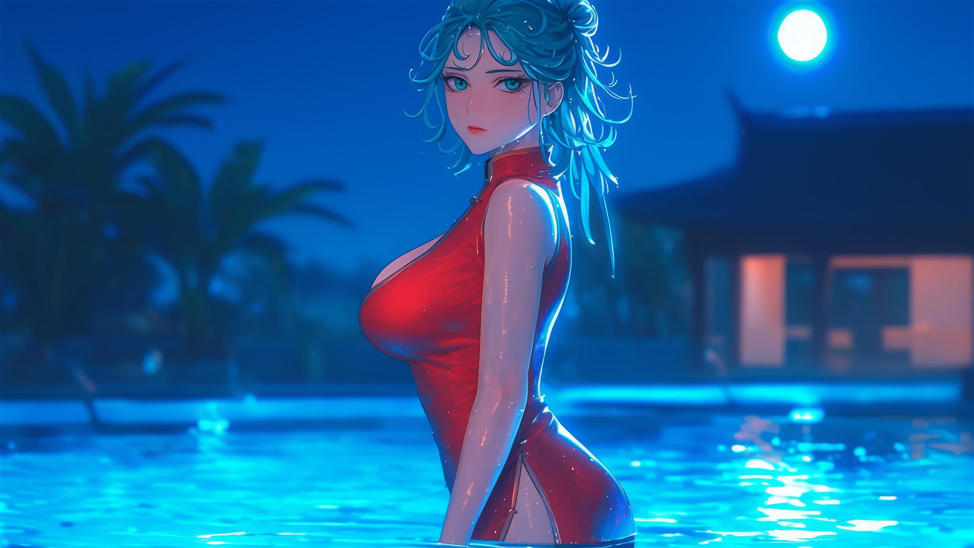 Tatsumaki from One-Punch Man in a pool, moonlit, rainy night, red dress