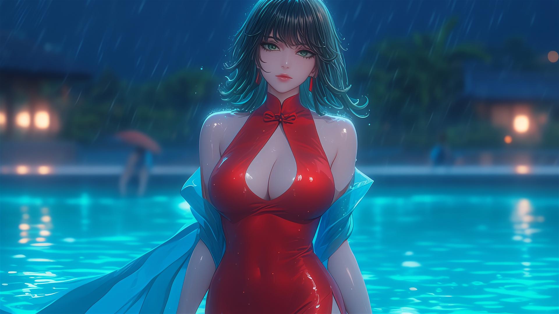 Tatsumaki from One-Punch Man stands in a pool with moonlight and rain on her red dress