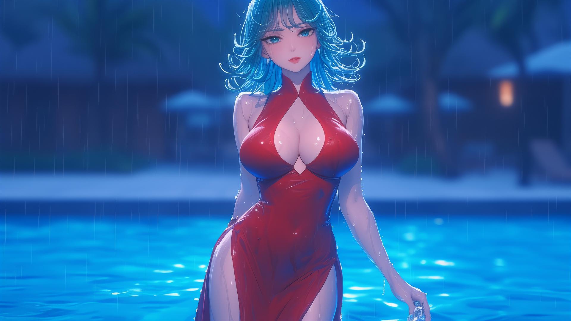 Tatsumaki from One-Punch Man standing in a pool under moonlight, rainy weather, red dress