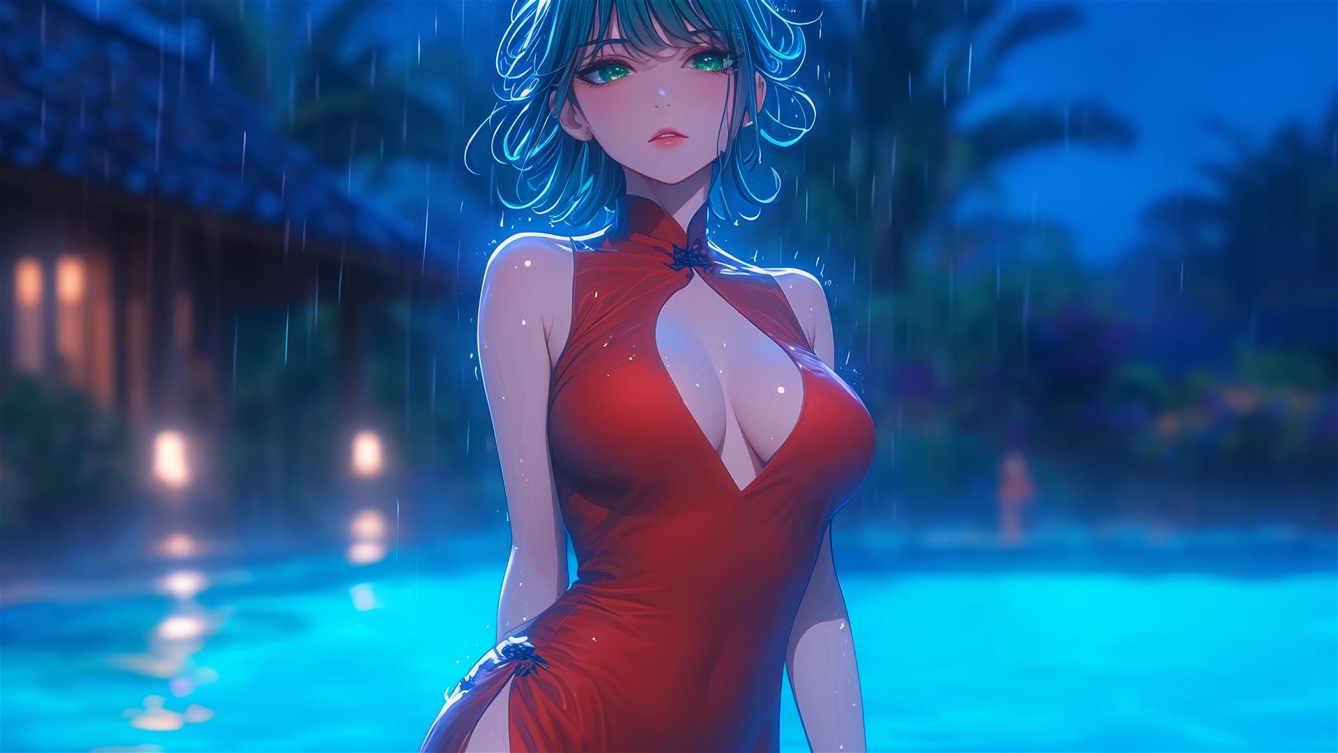Tatsumaki from One-Punch Man in pool with moonlight and rain, in red dress