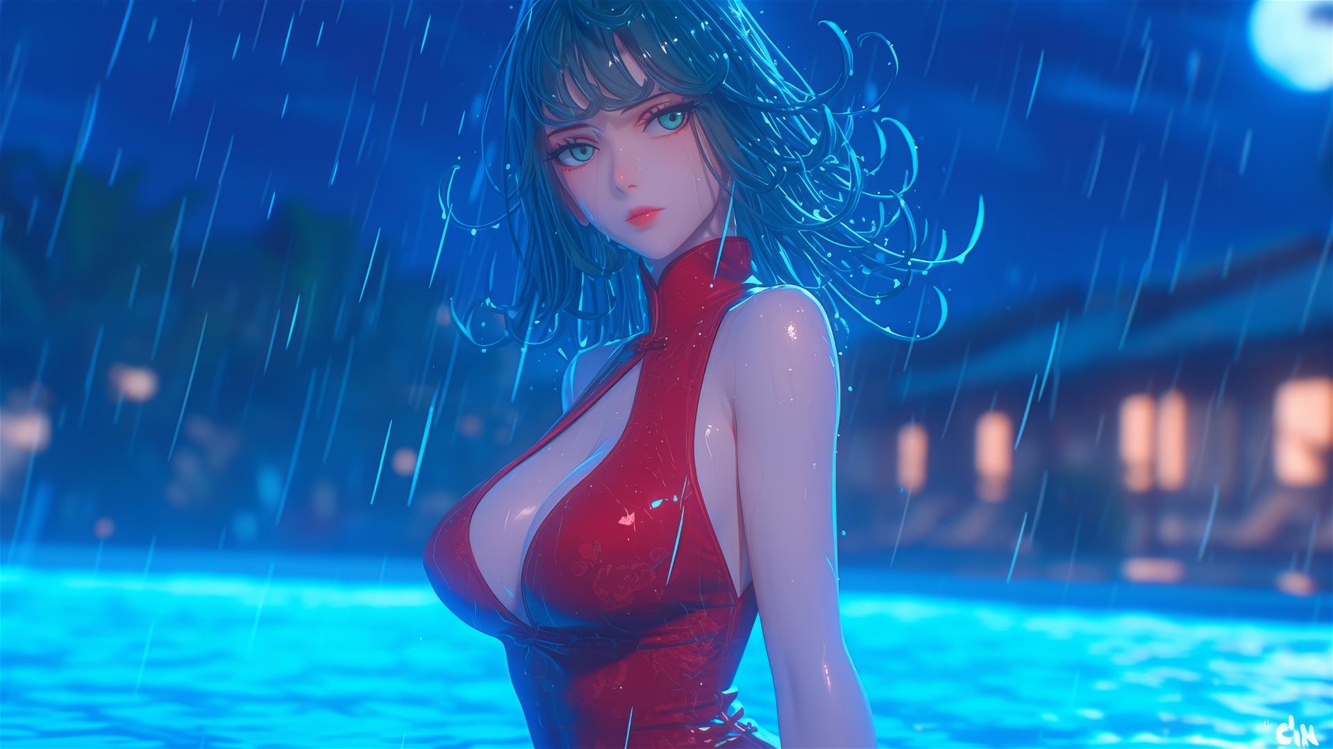 Tatsumaki from One-Punch Man in pool under moonlight with rain, red dress