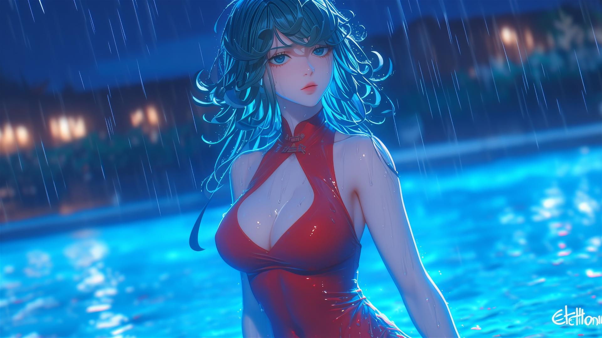 Tatsumaki in pool under moonlight wearing red dress with rain falling