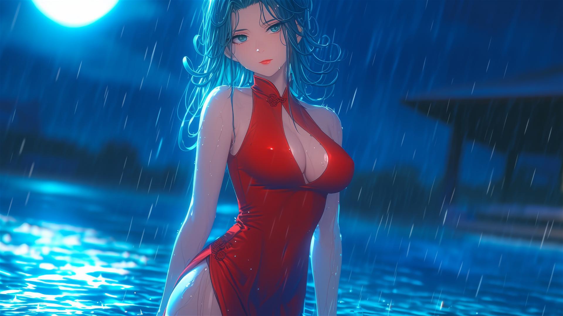 Tatsumaki in pool under moonlight, soft glow, raining, in red dress