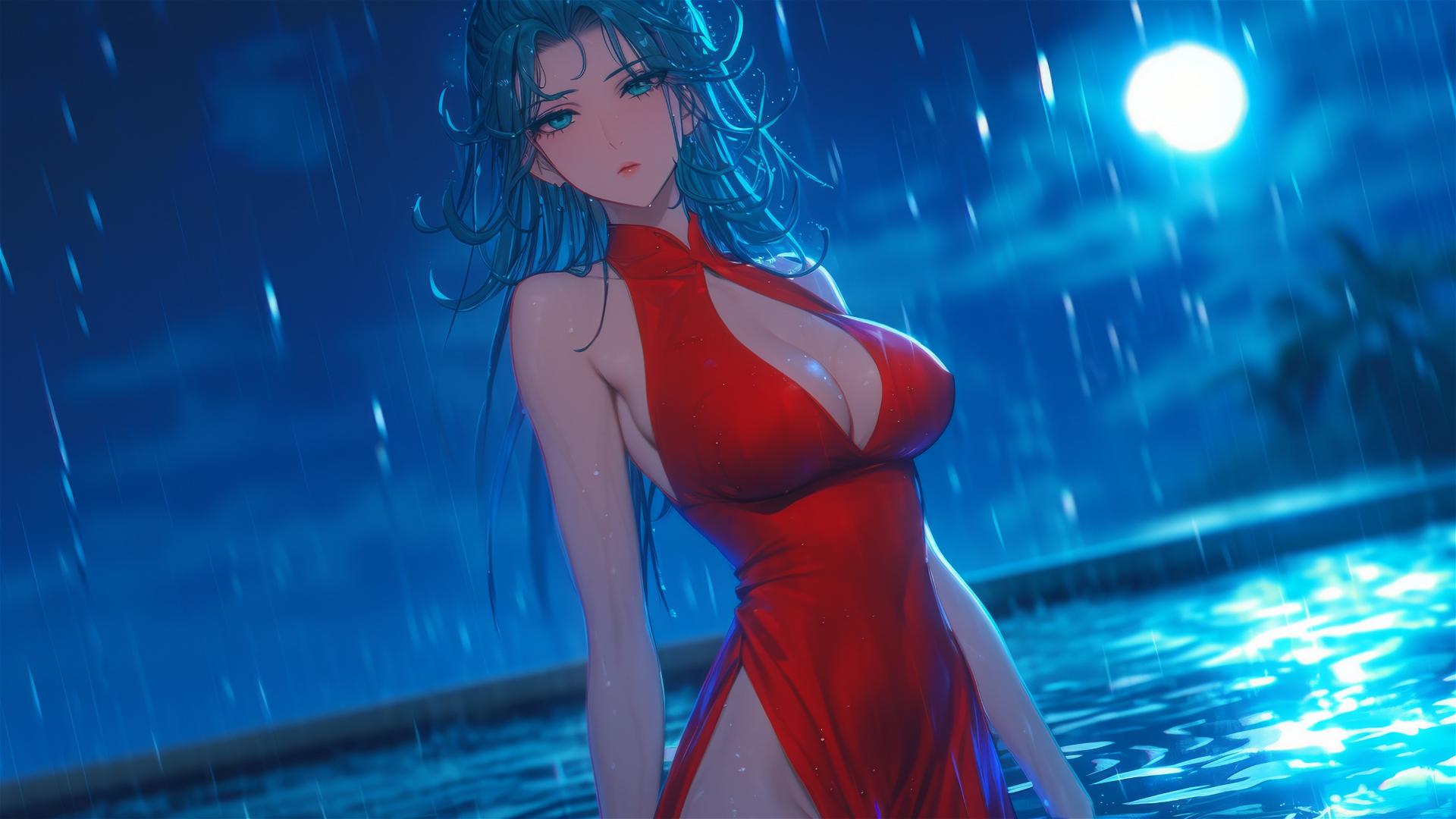 Tatsumaki from One-Punch Man standing in a pool under moonlight, rainy scene, in a red dress