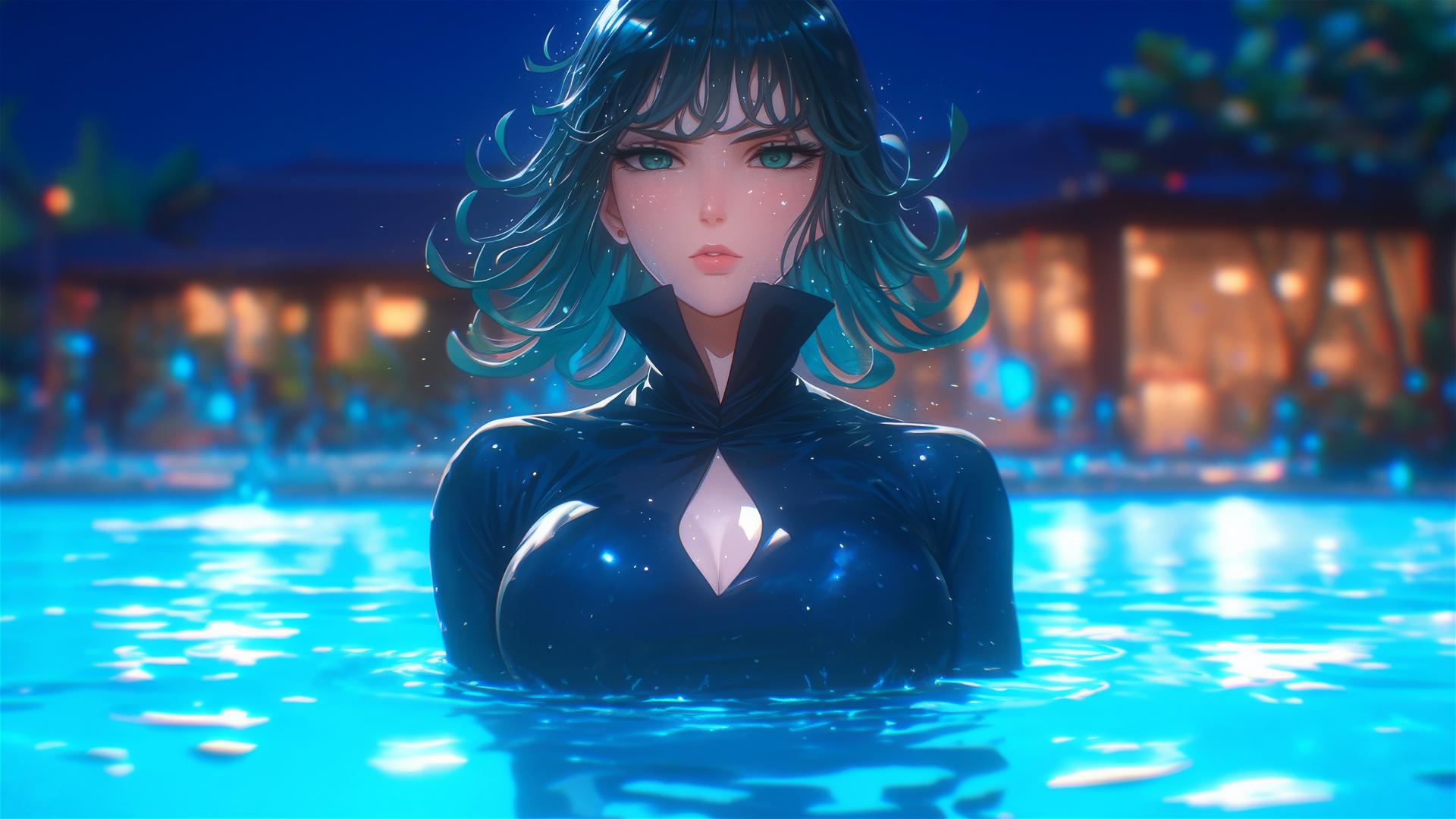 Tatsumaki from One-Punch Man standing in a pool under moonlight in the rain