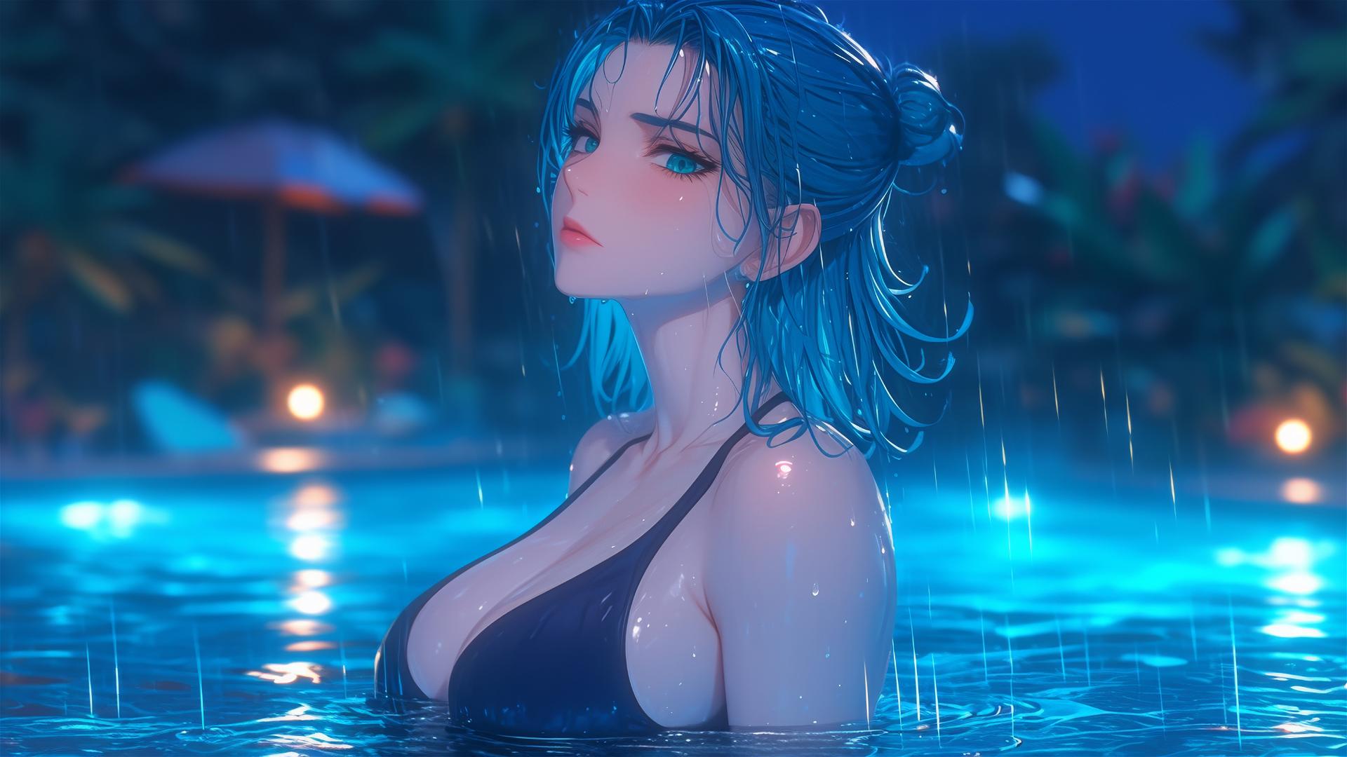Tatsumaki from One-Punch Man standing in a pool under moonlight with rain