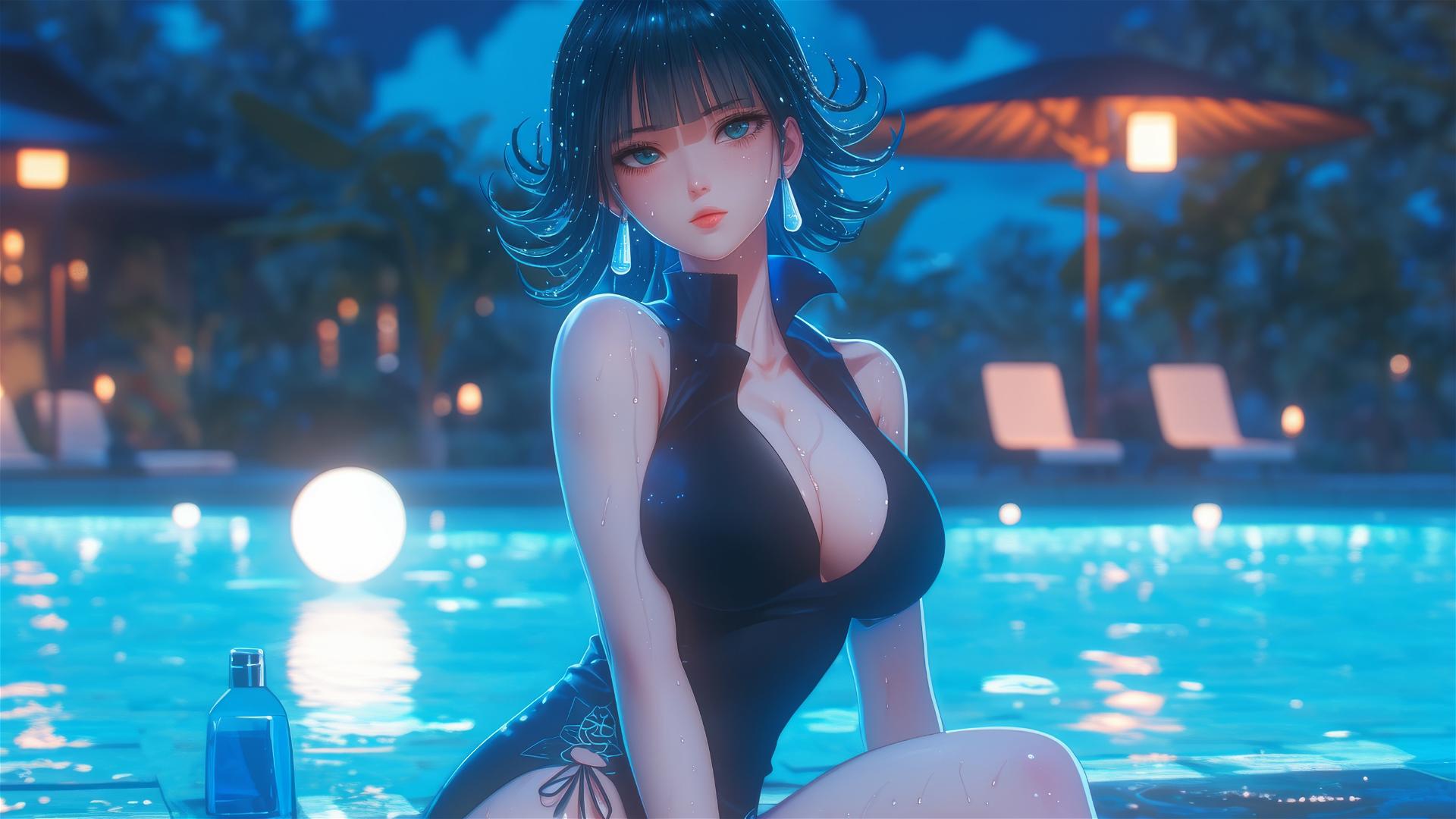 Tatsumaki from One-Punch Man resting by the pool under moonlight
