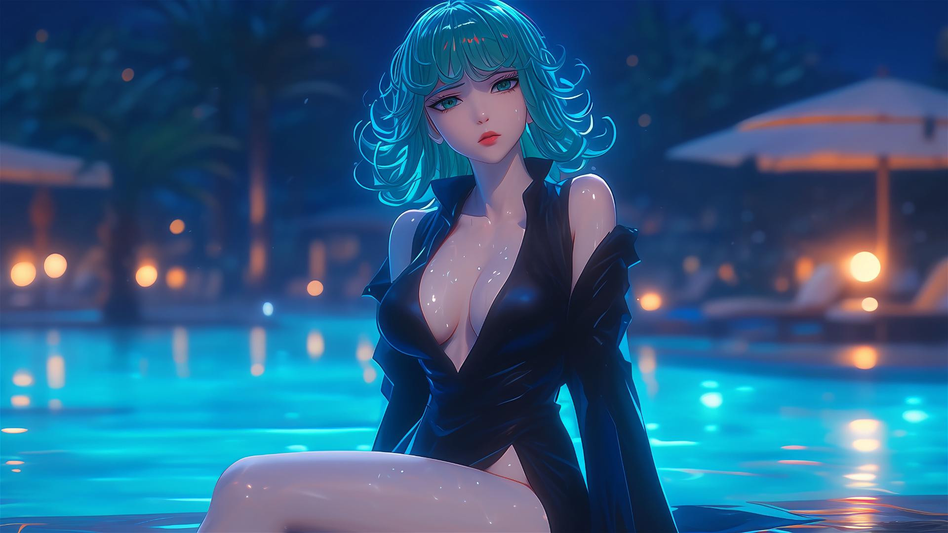 Tatsumaki from One-Punch Man resting by a pool under moonlight