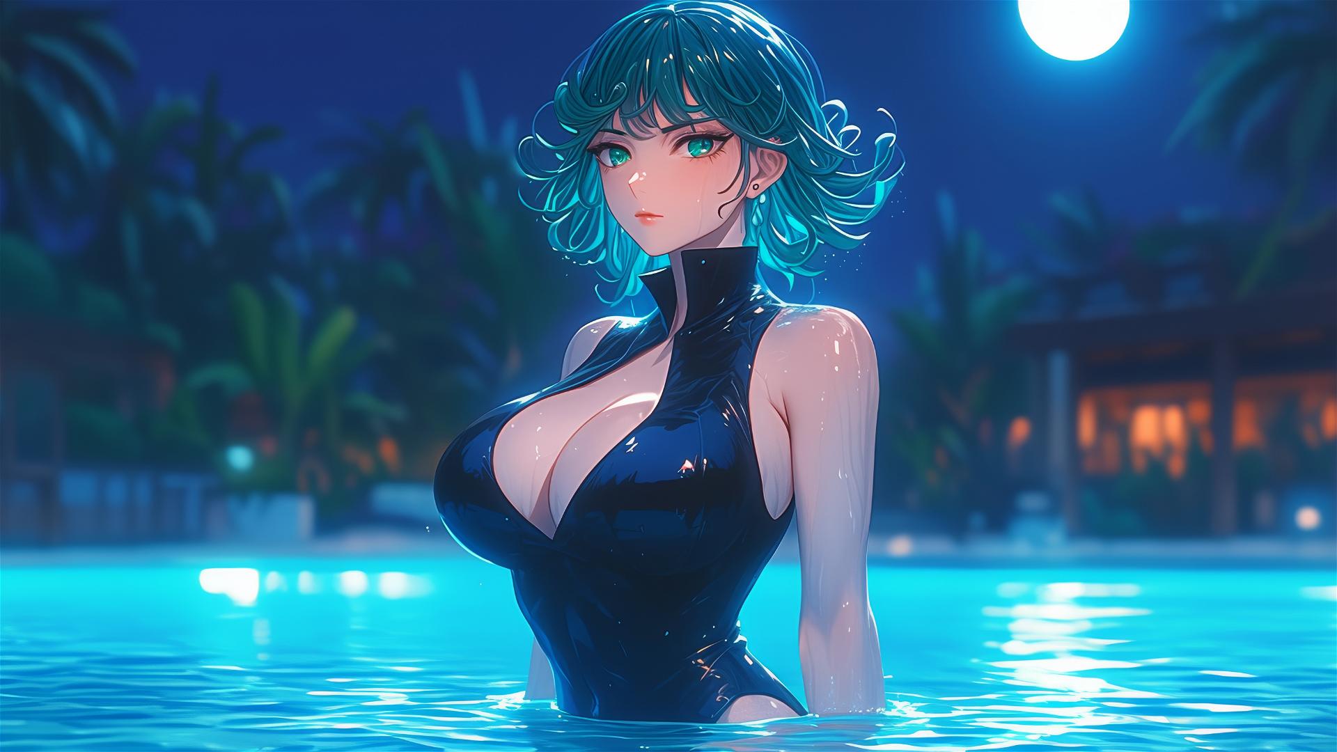Tatsumaki in pool under moonlight with rain