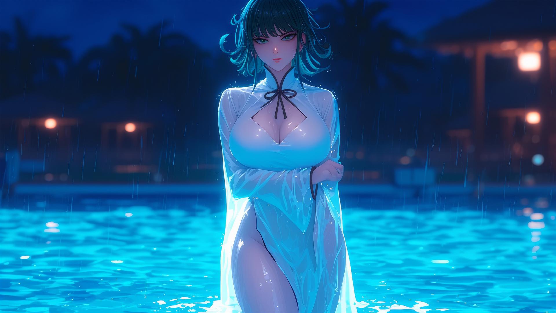Tatsumaki from One-Punch Man standing in a pool under moonlight, rainy scene with white dress