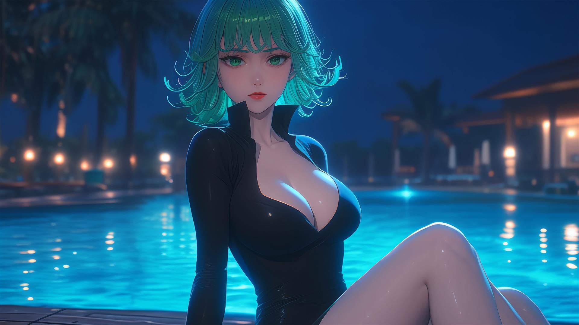 Tatsumaki from One-Punch Man resting by pool under moonlight