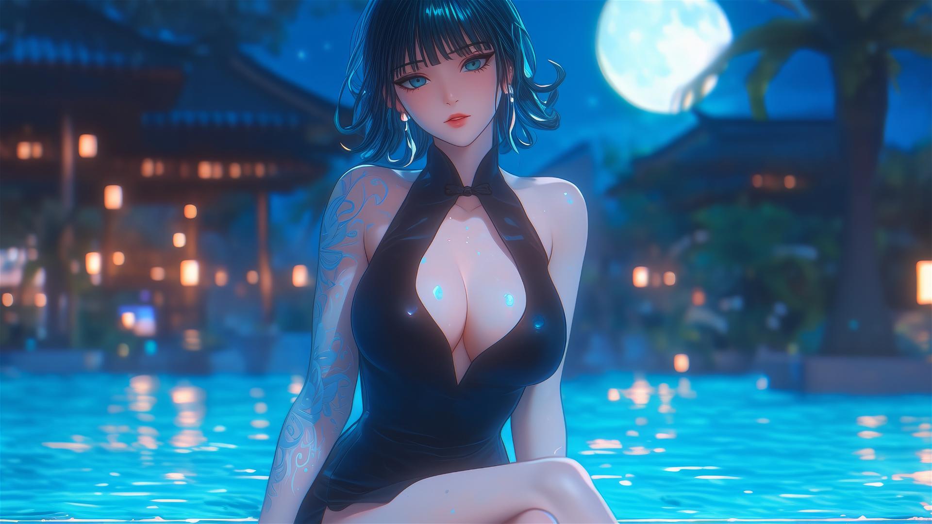 Tatsumaki from One-Punch Man resting by the pool under moonlight