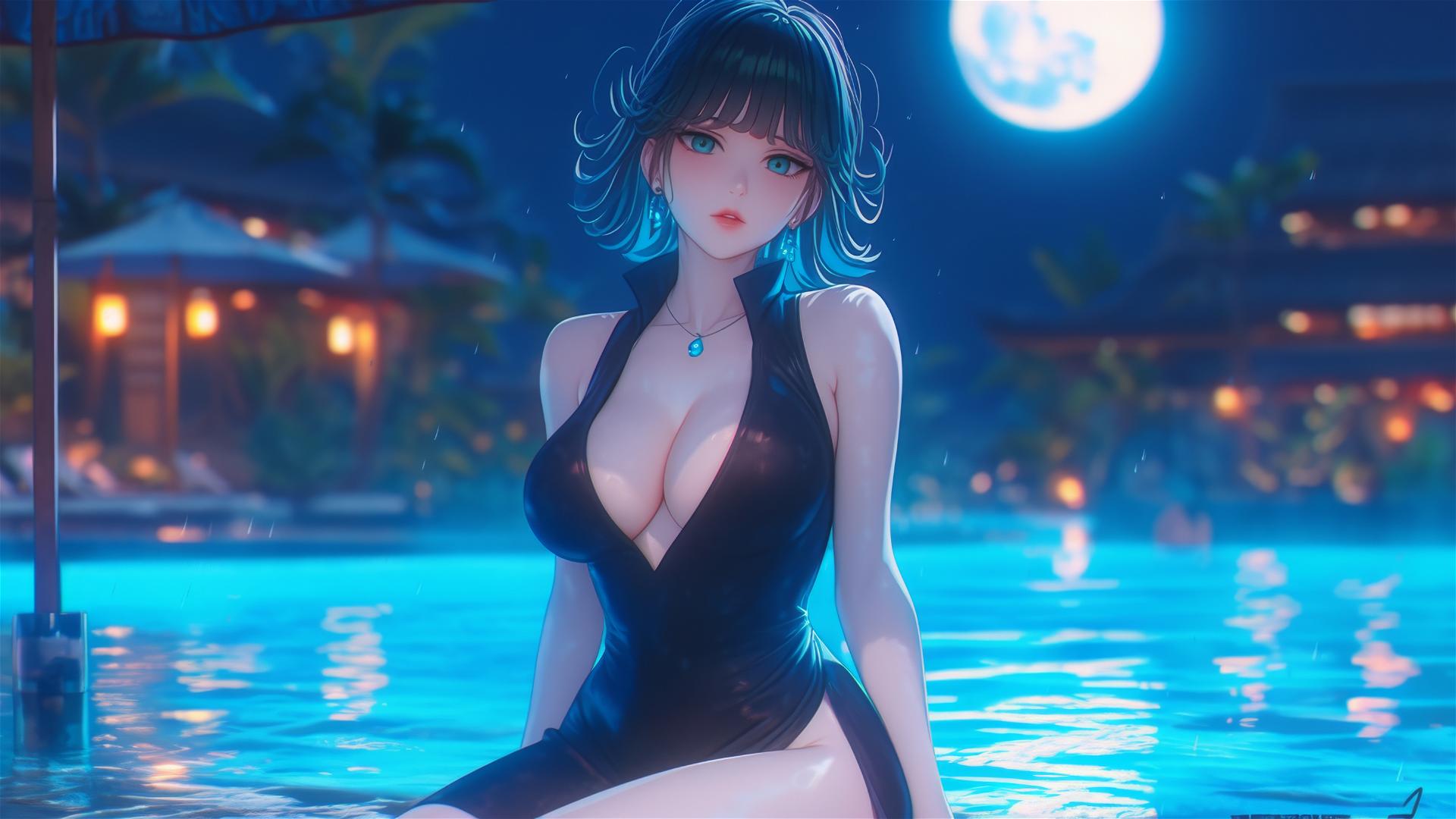 Tatsumaki from One Punch Man resting by a pool under moonlight