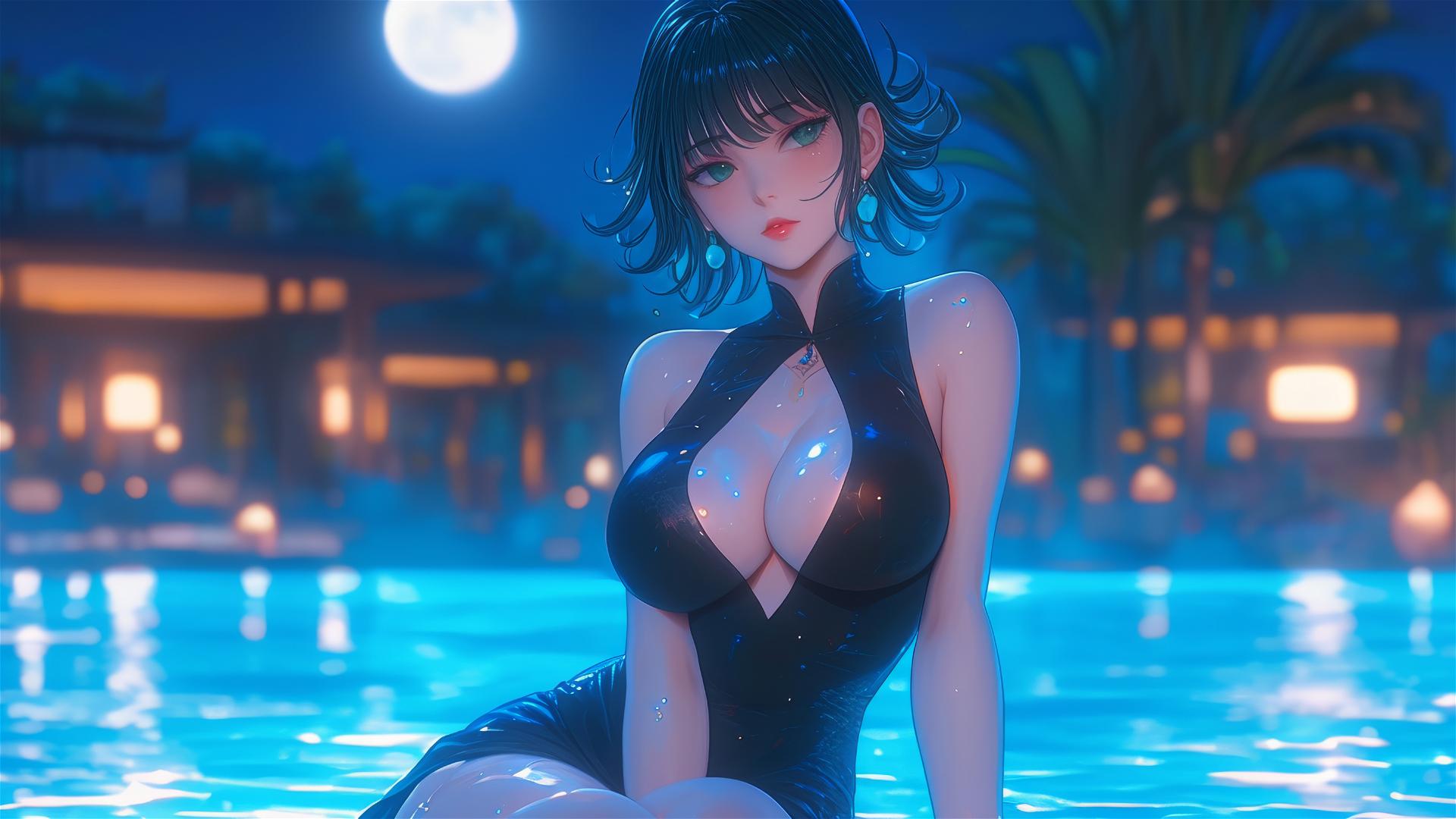 Tatsumaki from One-Punch Man resting by pool under moonlight