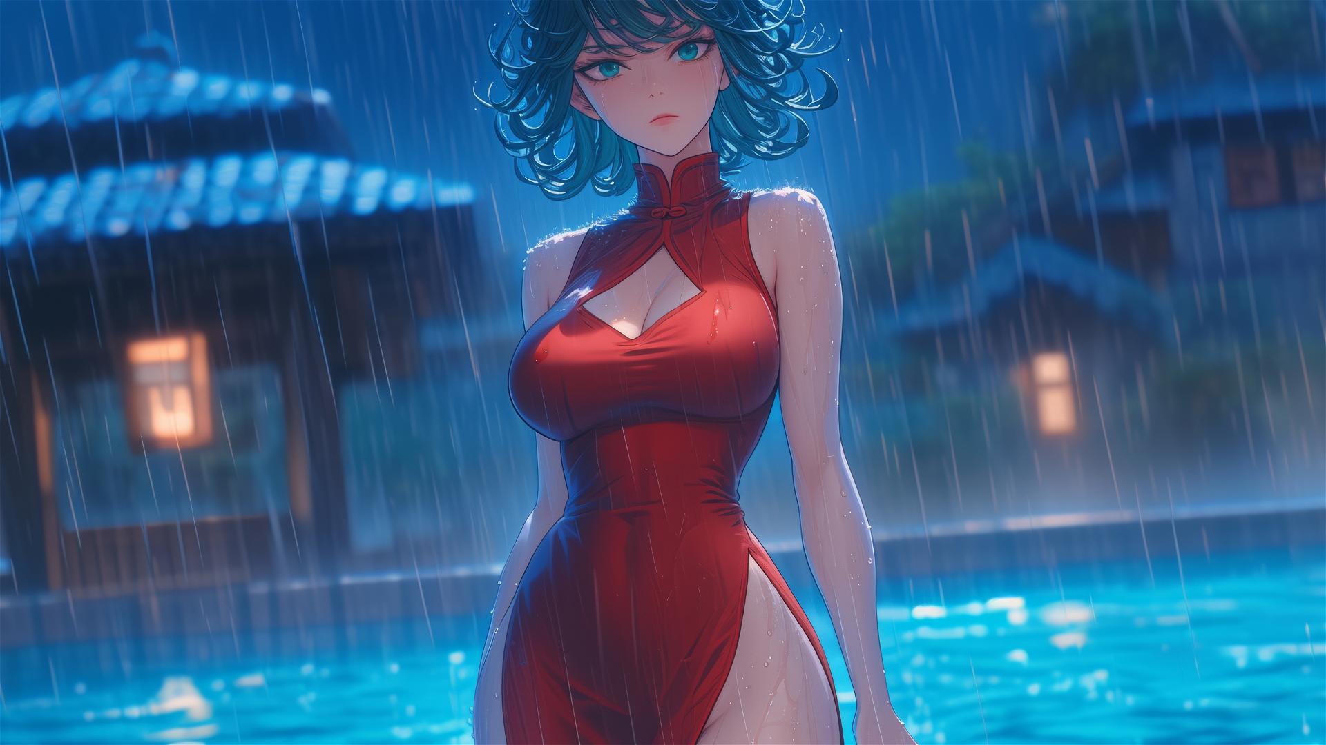 Tatsumaki from One-Punch Man standing in a pool with moonlight and rain, wearing a red dress