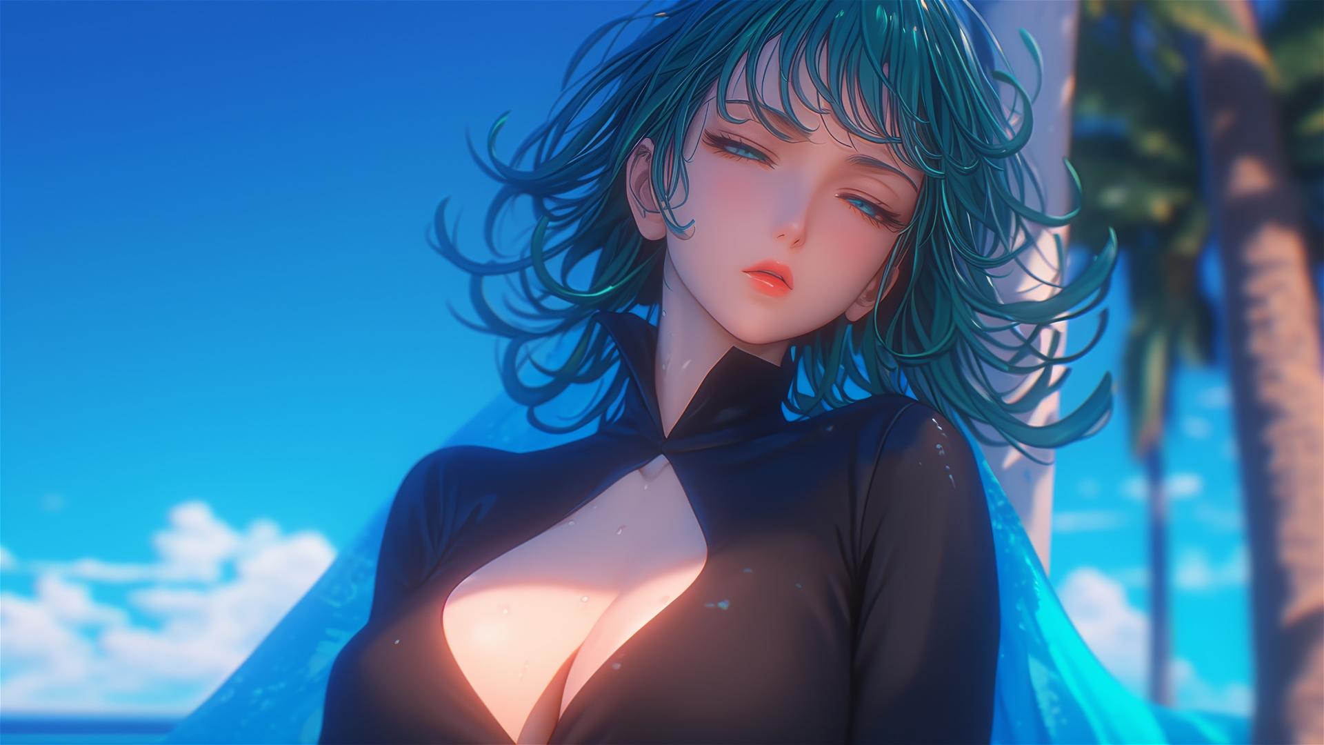 Tatsumaki from One Punch Man resting by pool under moonlight