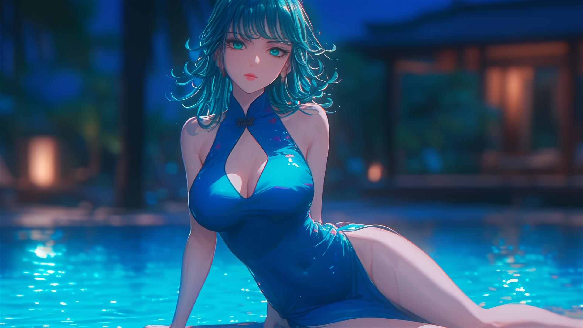 Tatsumaki resting by pool under moonlight