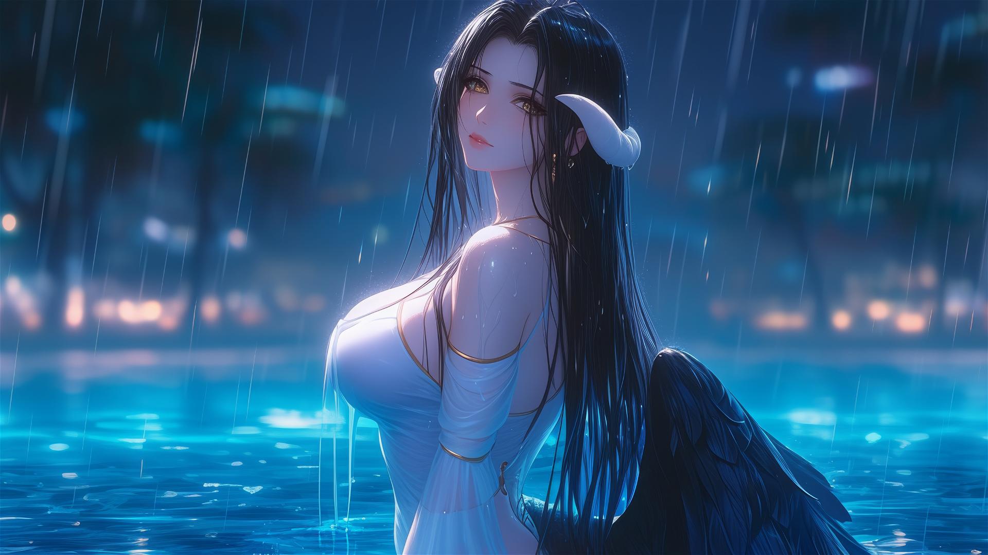 Albedo from Overlord standing in a rainy pool under moonlight