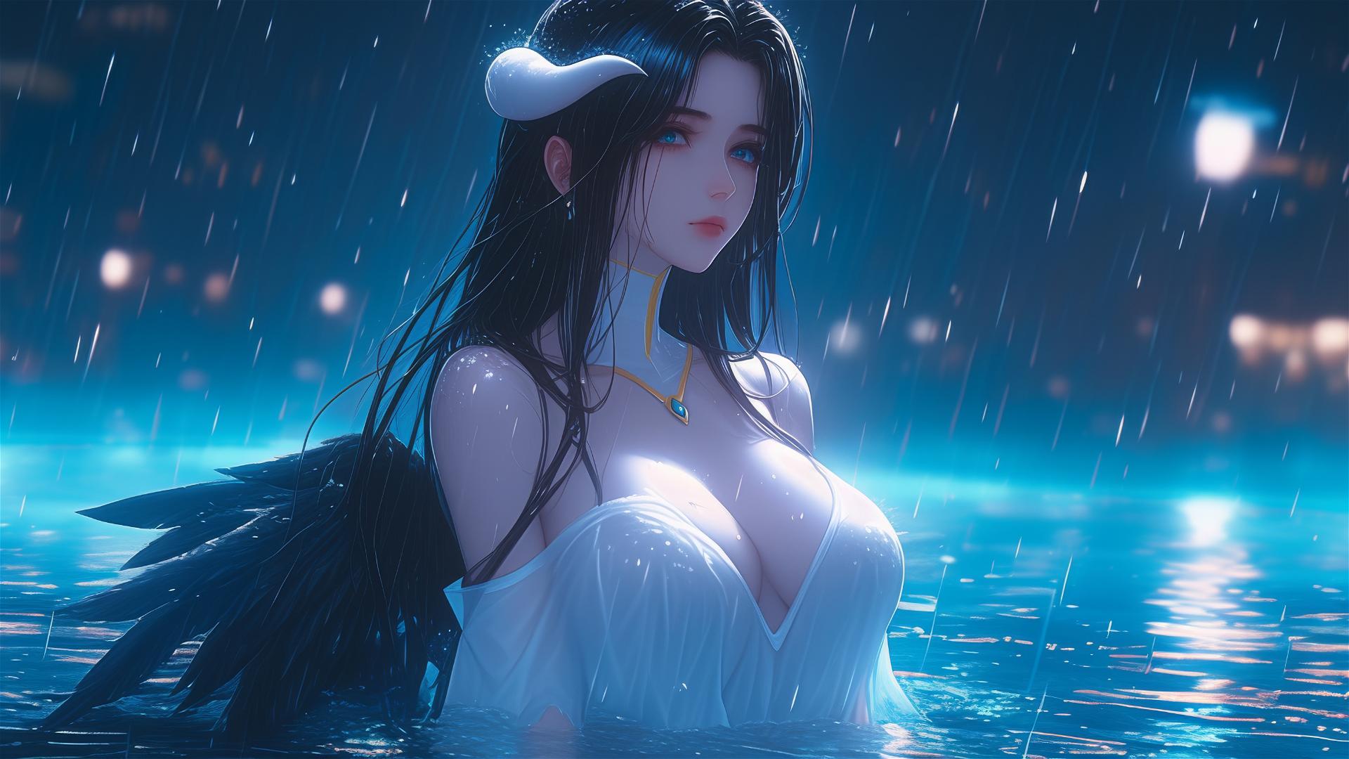 Albedo in rainy pool under moonlight