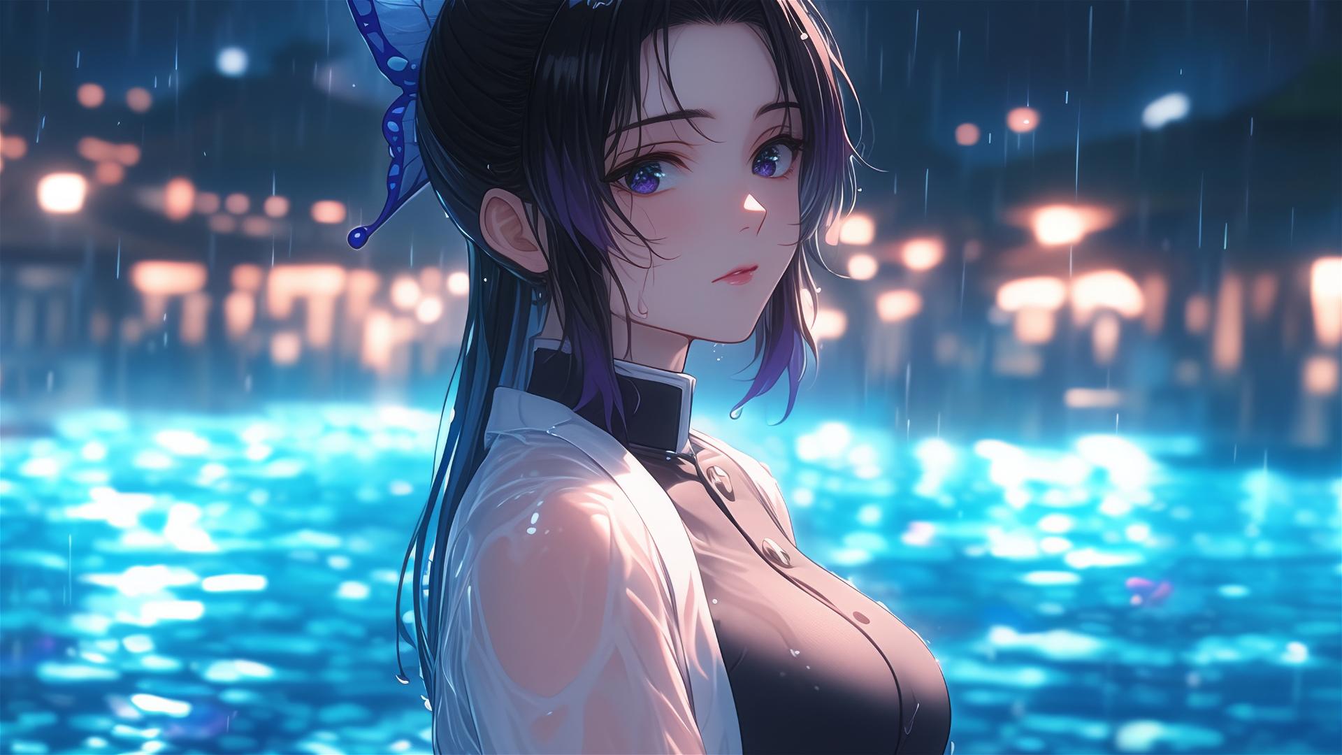 Shinobu Kocho from Demon Slayer standing in a rainy pool under moonlight