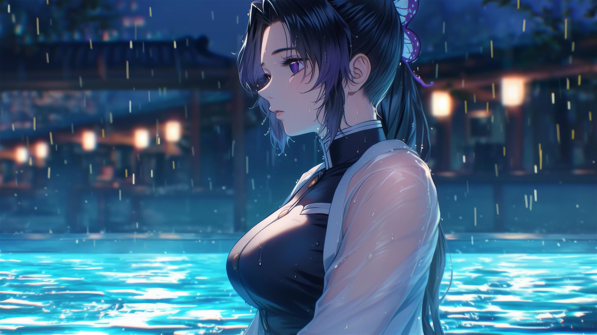 Shinobu Kocho from Demon Slayer in a rainy pool with moonlight glow