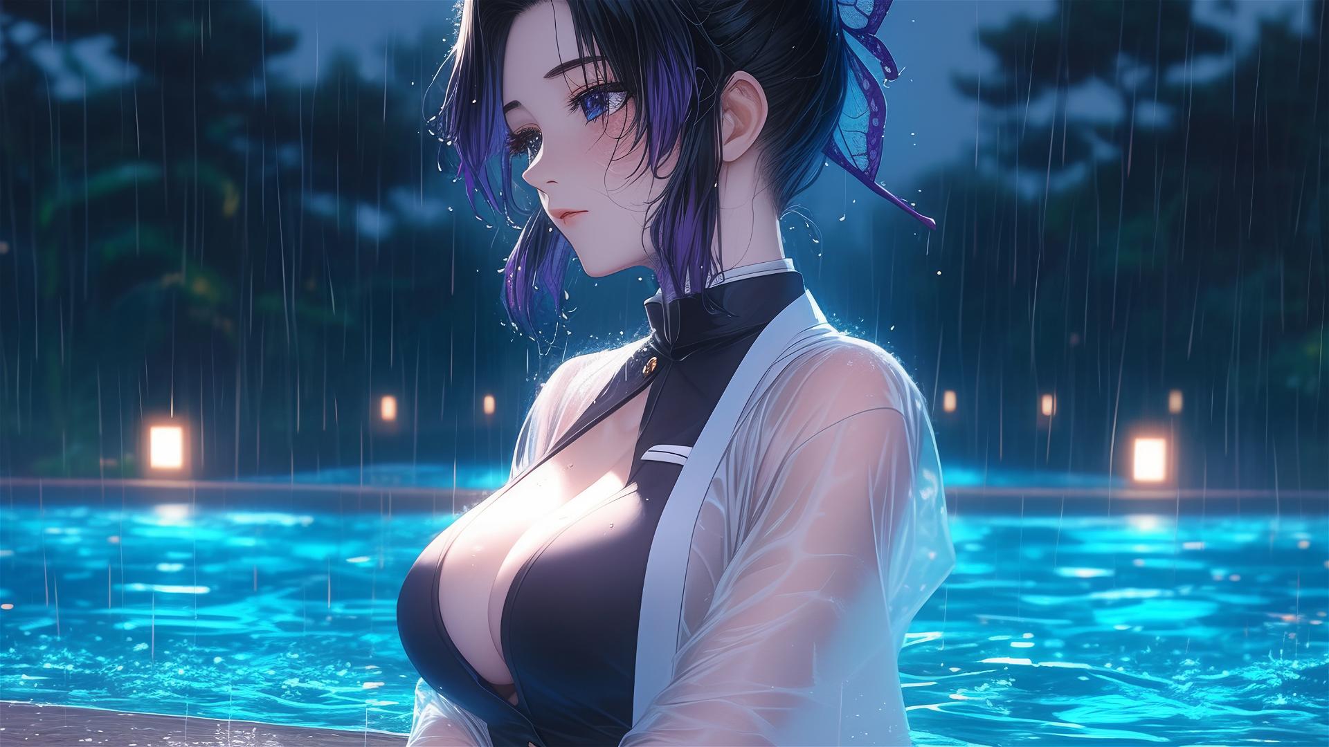 Shinobu Kocho from Demon Slayer resting by a pool in moonlight with rain