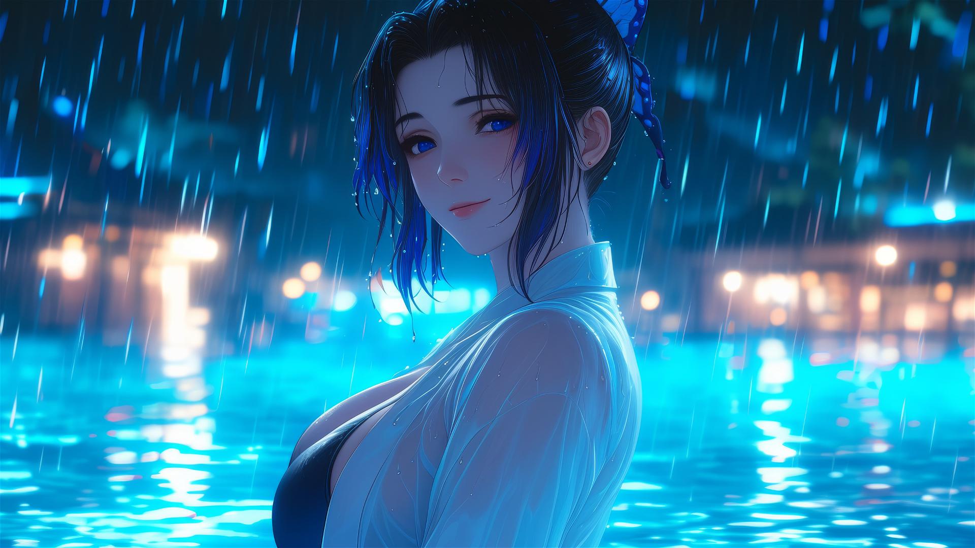 Shinobu Kocho in a rainy pool with moonlight glow