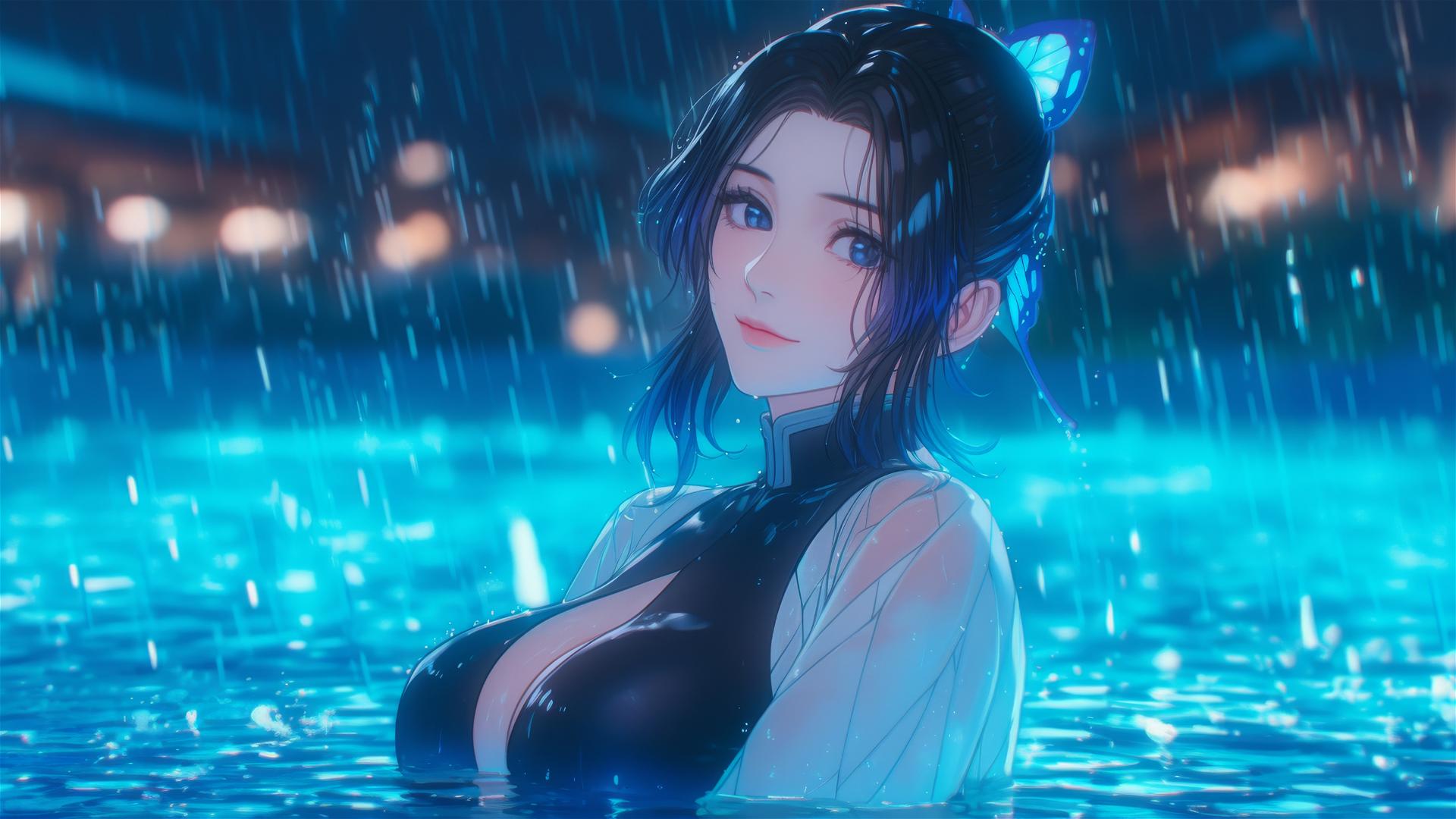 Shinobu Kocho from Demon Slayer in rainy pool under moonlight