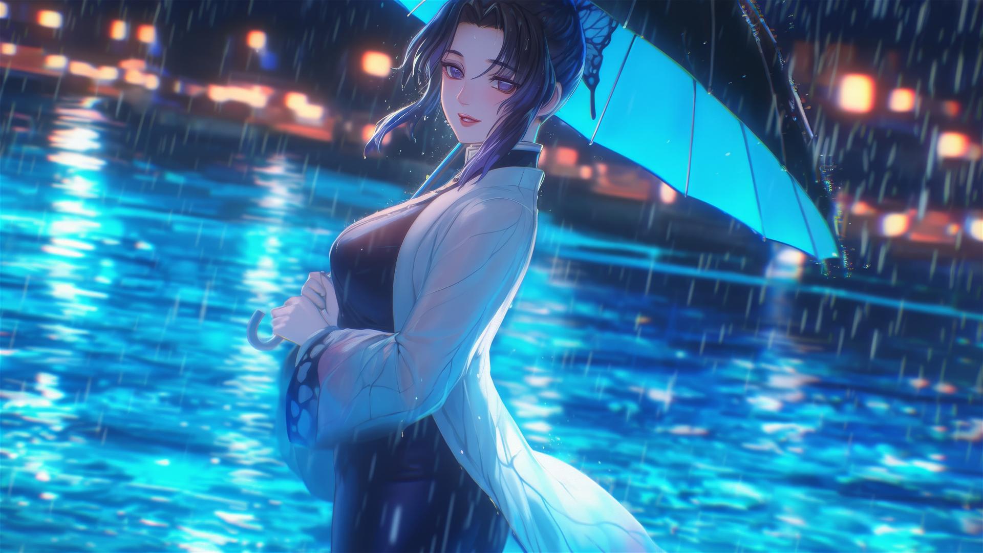 Shinobu Kocho in rainy pool with moonlight