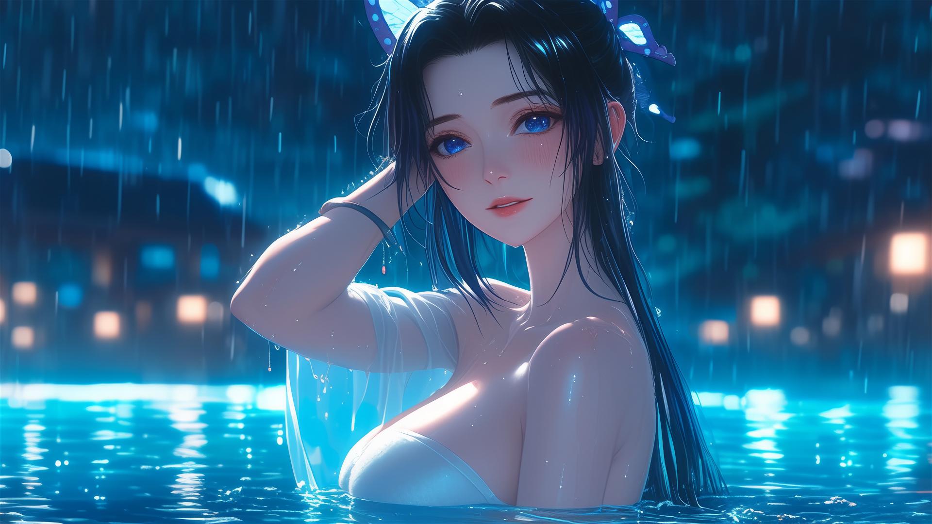 Shinobu Kocho in pool under moonlight with rain