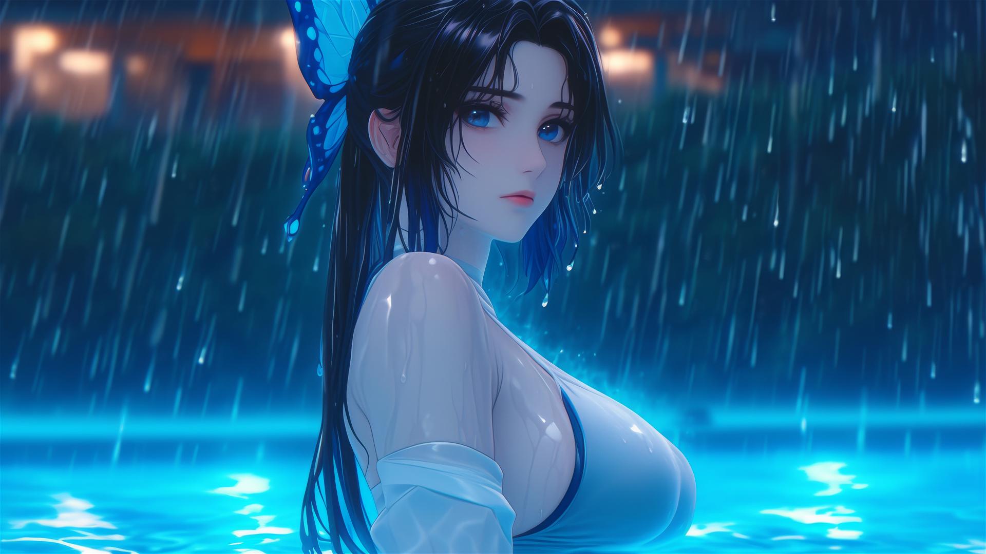 Shinobu Kocho from Demon Slayer in rainy pool with moonlight